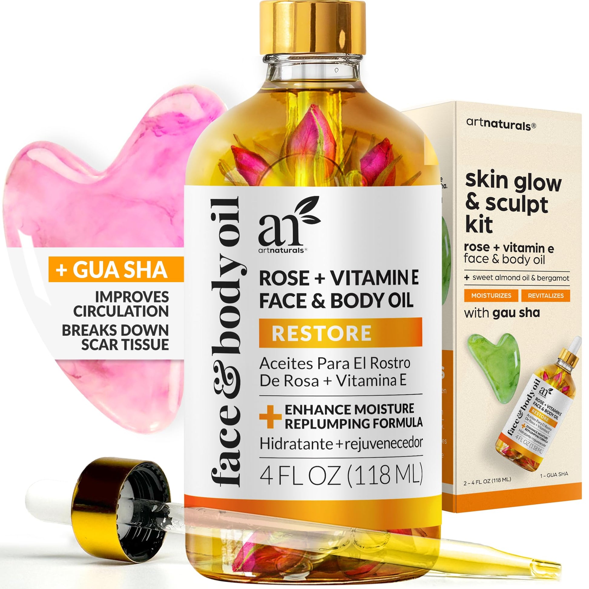 ArtNaturals Face & Body Vitamin E Bio Oil 4.0oz + Gua Sha Facial Tools Set - Organic Moisturizer Skincare for Scars, Stretch Mark, Cellulite & Nails - Great Massage oil for Massaging Joint & Muscle - Medaid International