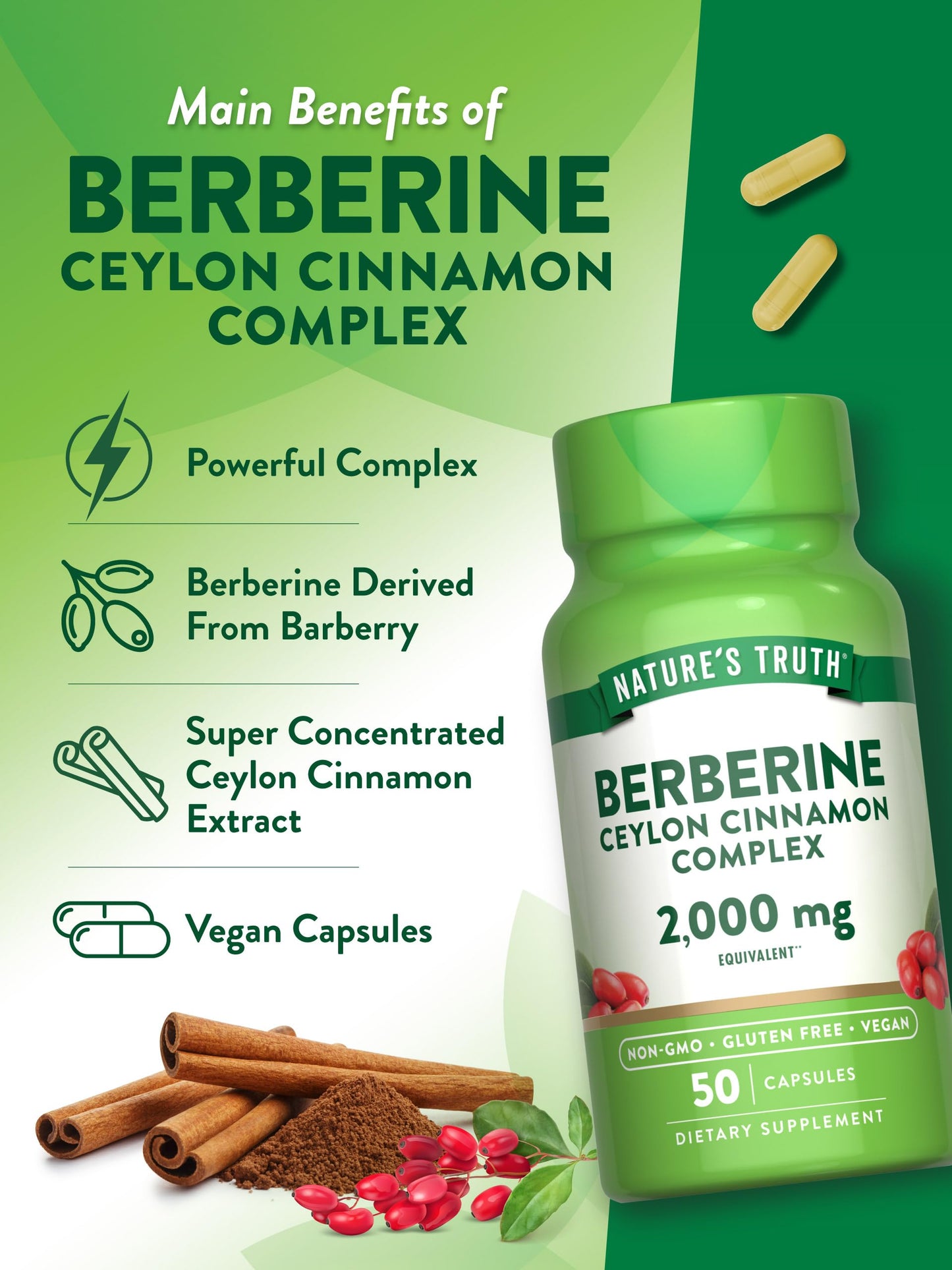 Nature's Truth Berberine with Ceylon Cinnamon Complex | 2,000mg | 50 Vegan Capsules | Vegan, Non-GMO, and Gluten Free Supplement - Medaid International