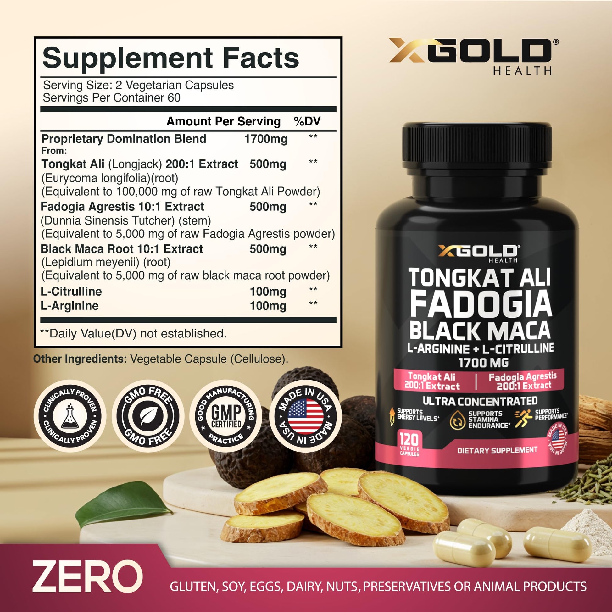 X Gold Health Tongkat Ali + Fadogia Agrestis + Black Maca – Energy, Vitality & Stamina Booster for Men & Women Made in USA - Medaid International
