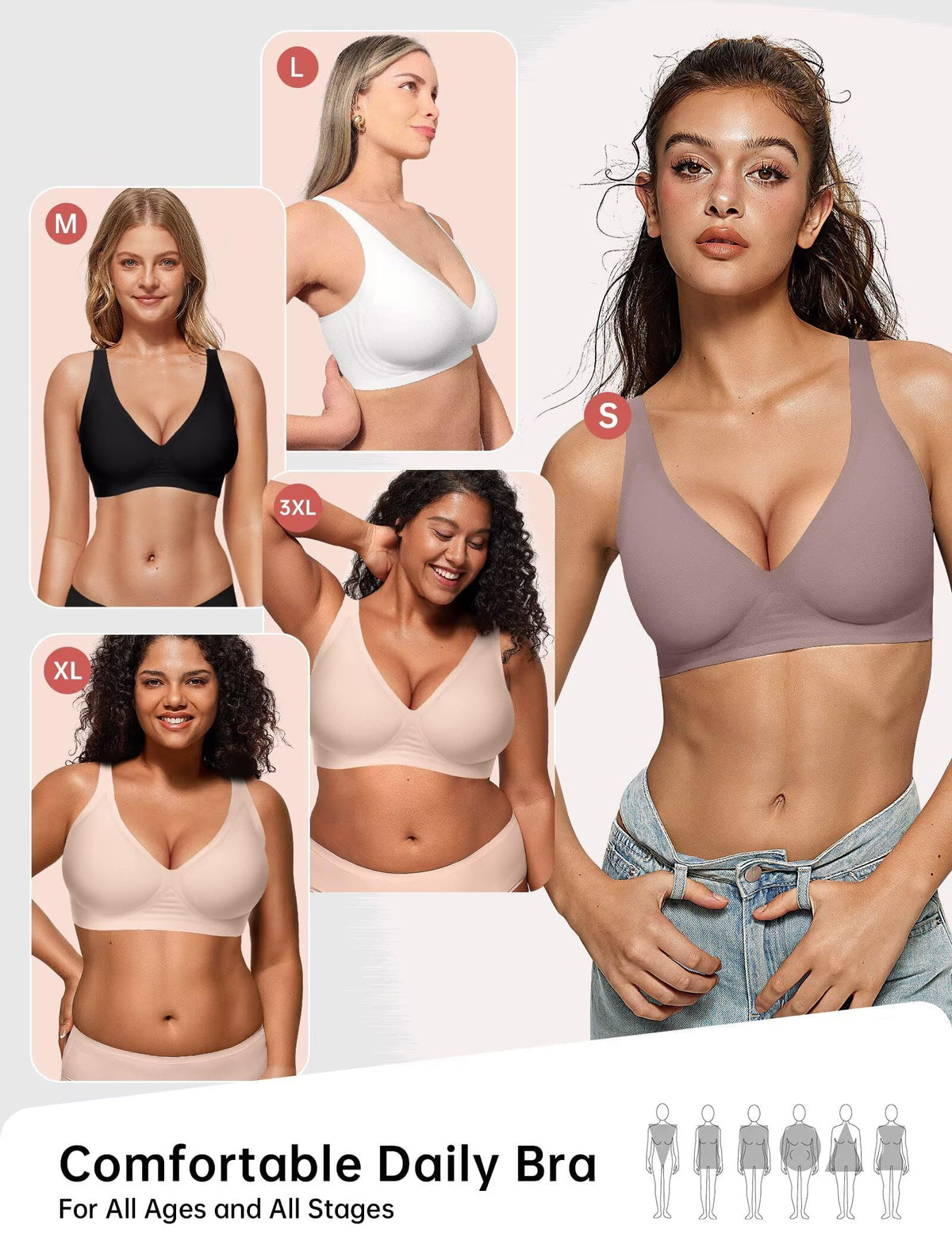 TERRIFI Women‘s Wireless Push Up Seamless Bra, V Neck Plunge Bralette, Soft Comfortable Tshirt Bra for Daily Wear (Grey Size M)