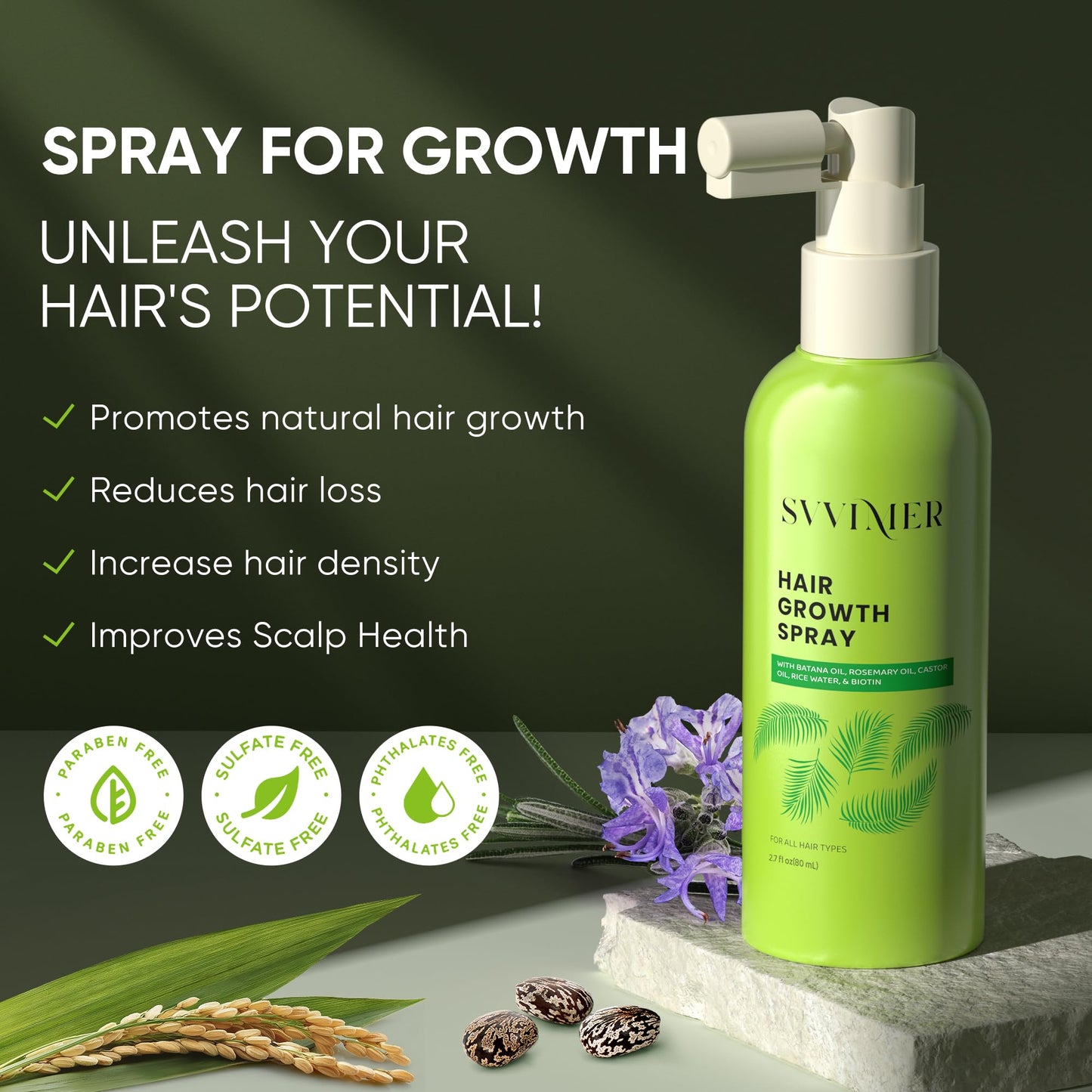 Svvimer Hair Growth Serum Spray - with Rosemary Batana Oil Biotin for Hair Loss and Thinning - Thicker Fuller Longer - for Women and Men 2.7 Fl Oz (Pack of 1) - Medaid International