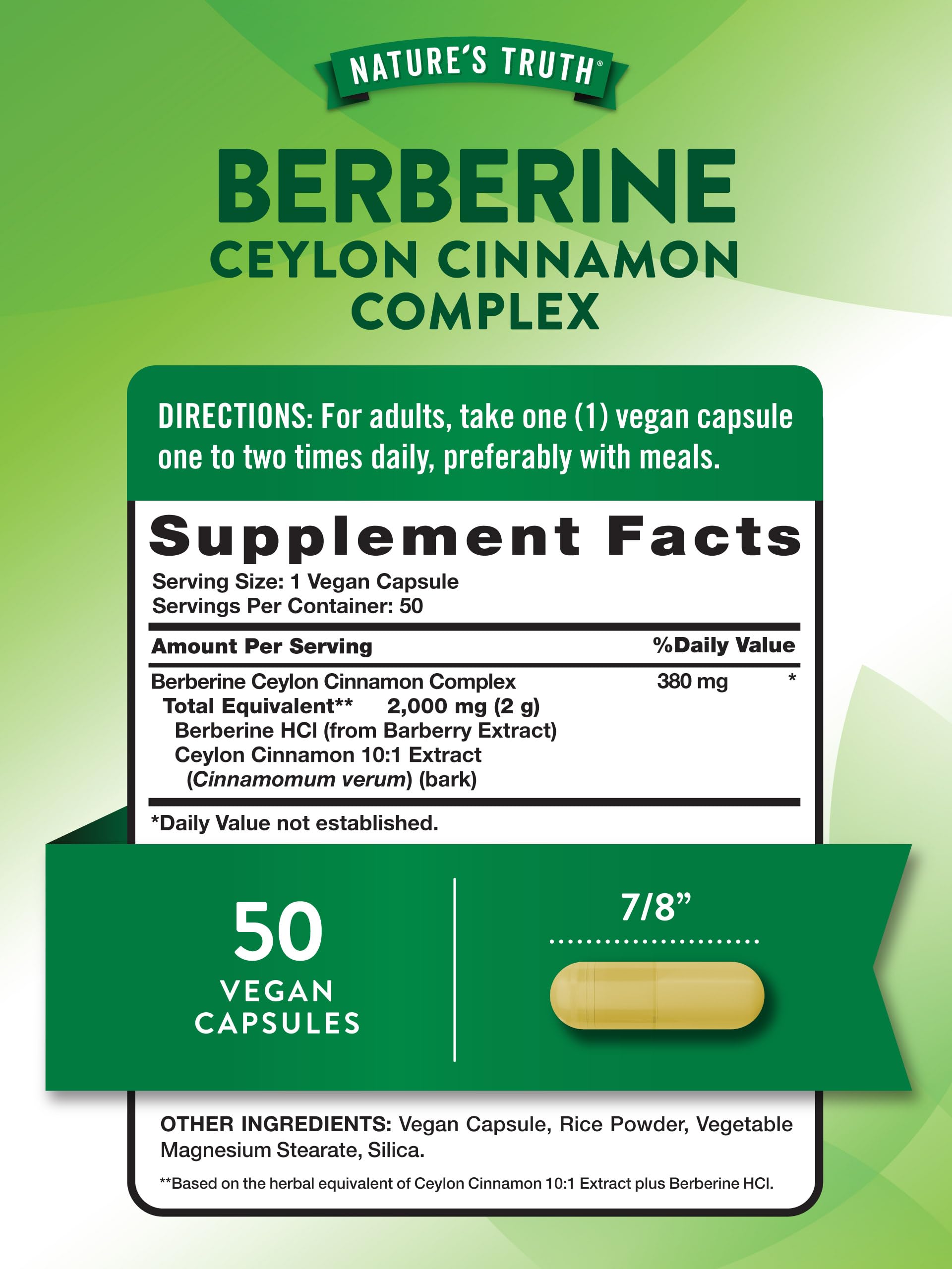 Nature's Truth Berberine with Ceylon Cinnamon Complex | 2,000mg | 50 Vegan Capsules | Vegan, Non-GMO, and Gluten Free Supplement - Medaid International