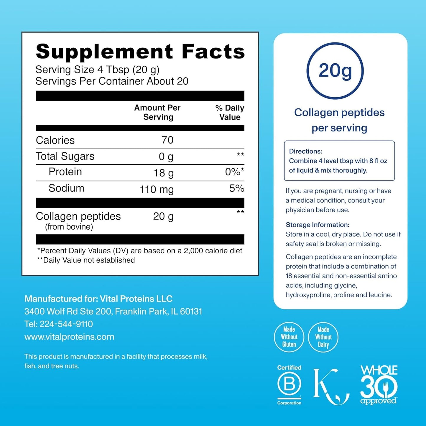 VITAL PROTEINS ORIGINAL COLLAGEN PEPTIDES - UNFLAVORED - 405g