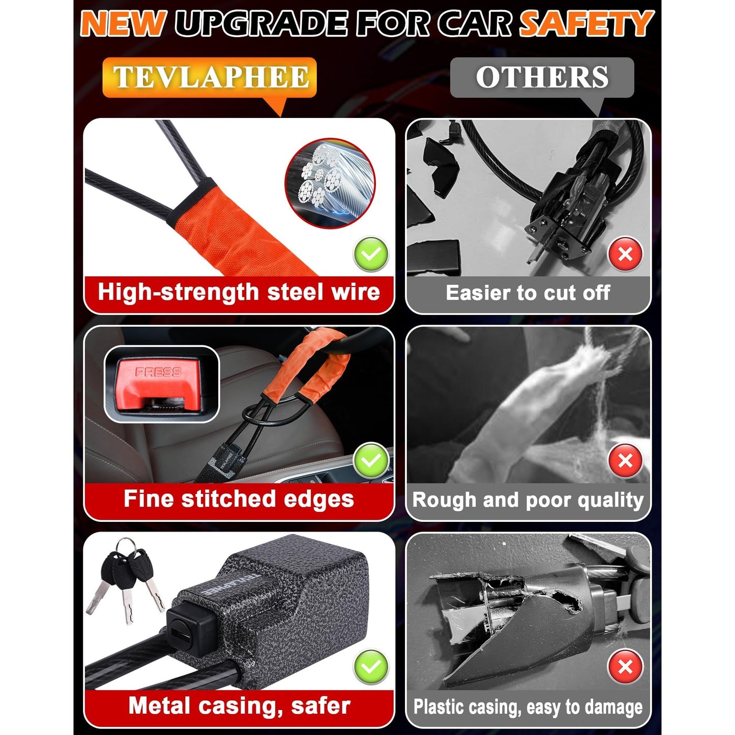 Tevlaphee Steering Wheel Lock Seat Belt Lock Universal Anti Theft Car Device Car Lock Car Theft Prevention with 3 Keys for Car Security Fit Most Vehicles Truck SUV Van (Orange) - Medaid International