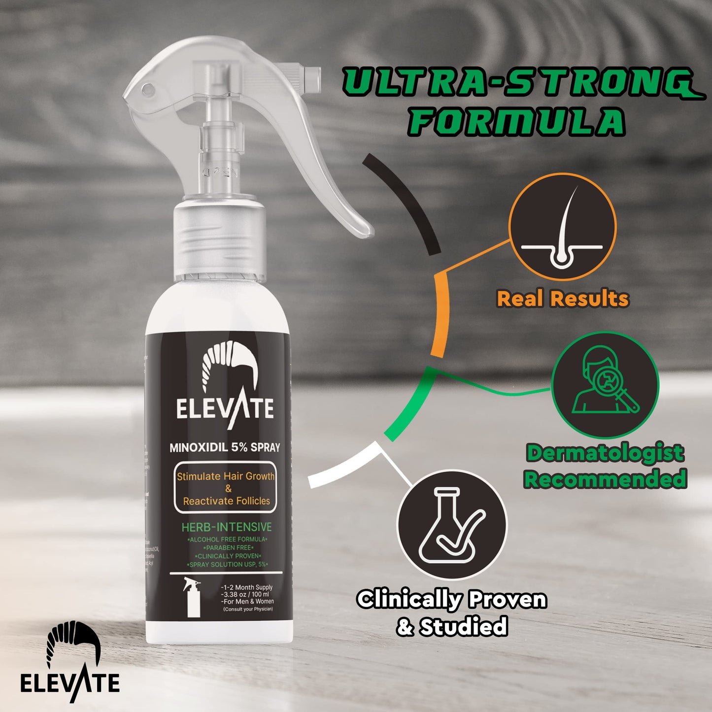 ELEVATE 5% Minoxidil Hair Growth Spray - Alcohol Free Non Oily Formula Extra Strength Professional Treatment for Hair Loss/Regrowth - Stimulate Hair Follicles for Men & Women - 1 Month Supply - Medaid International