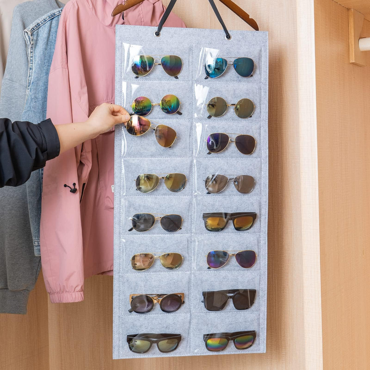 TERRIFI Sunglasses Organizer and Storage Bag - Hanging Dust Proof Wall Pocket With 16 Felt Slots Double Sided Holder - 2 Pack