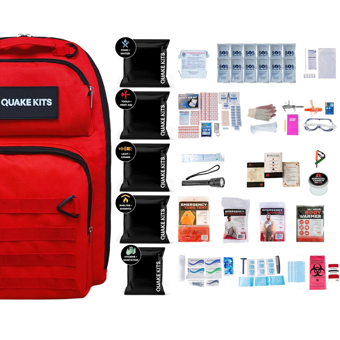 QK 1-Person, 72hr Completely Prepared Survival Kit for Emergency Preparedness - Go Bag Includes First Aid, Deluxe Survival Tools, Food and Water. Emergency Kit for Earthquakes and Other Disasters.