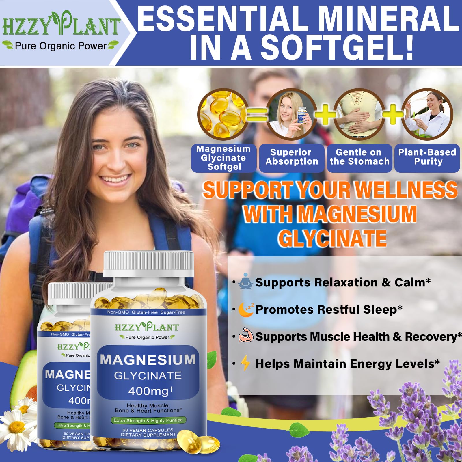 Magnesium Glycinate Softgels, High Absorption Magnesium Glycinate 400mg Supplement for Muscle, Heart, Sleep & Bone Support, Bisglycinate Softgel Capsules Supplement, Vegan, Non-GMO, 2 Month Supply - Medaid International