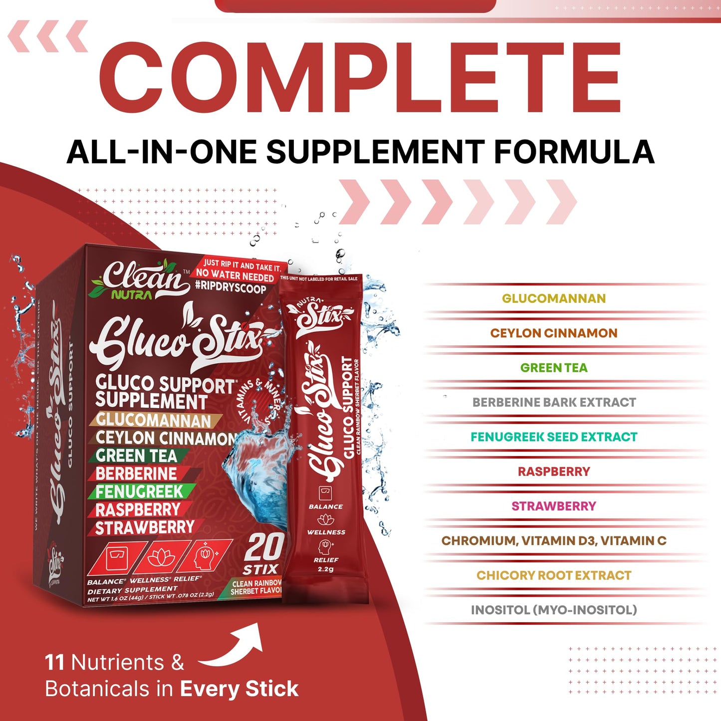 Clean Nutraceuticals Ceylon Cinnamon Powder, Green Tea Extract, Glucomannan, Berberine Supplement, Chromium Picolinate, Apple Cider Vinegar – Rainbow Sherbet Powder Sticks - 20 Count - Medaid International