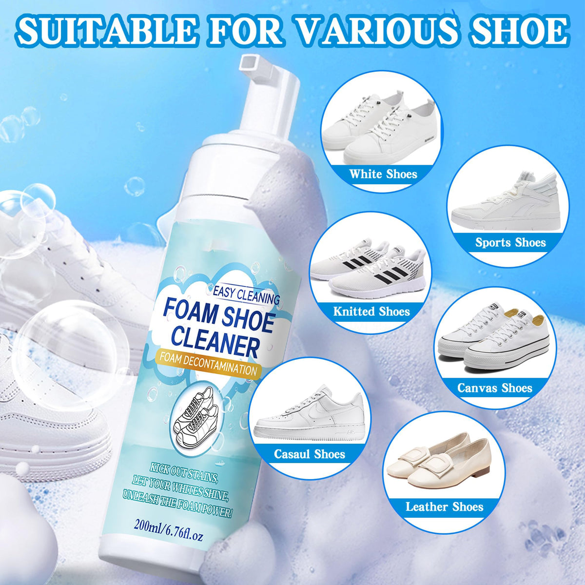 Shoe Cleaner Kit, White Sneakers Cleaner with Brush and Towel, 6.76 Oz, Removes Dirt and Stains from Leather, Knit, Boots, Canvas, Suede, PU