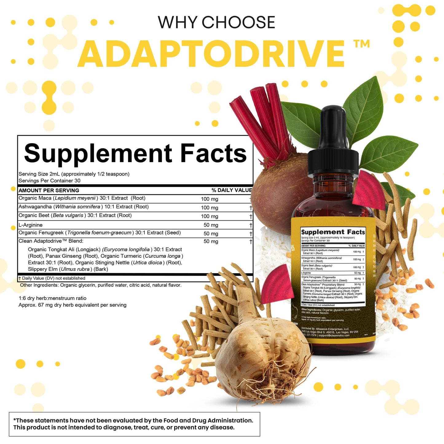 Clean Nutra Organic Maca Root Liquid Drops with Ashwagandha, Fenugreek, Beet Root and L-Arginine Liquid Multivitamin for Women and Men - Adapto Drive - Medaid International