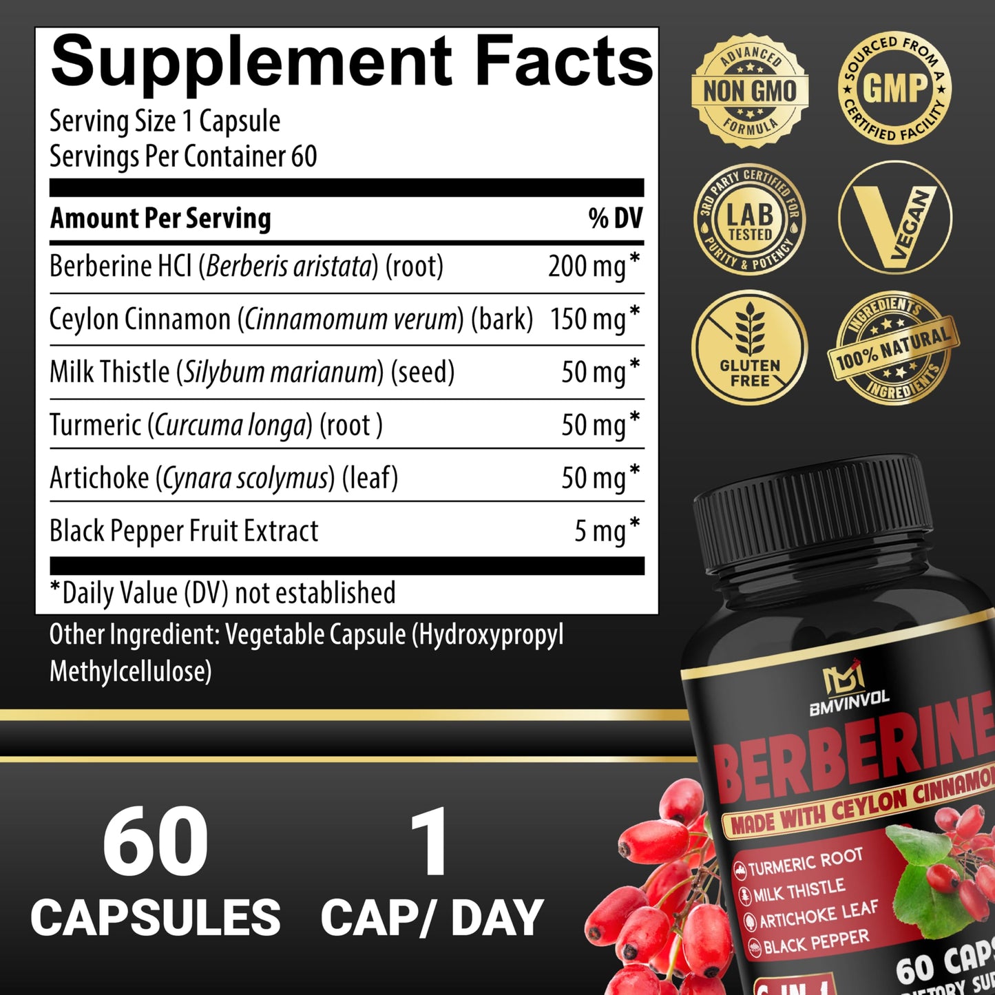 Berberine with Ceylon Cinnamon, Turmeric, Milk Thistle, Artichoke, Black Pepper - 60 Count - Pack of 1 - Medaid International