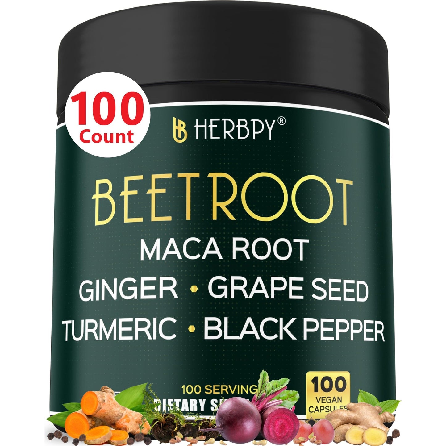 Herbpy 6in1 Beetroot Supplement with Maca Root, Grape Seed, Ginger, Turmeric and Black Pepper for Heart Health & Immune Support - 100 Vegan Capsules - Medaid International