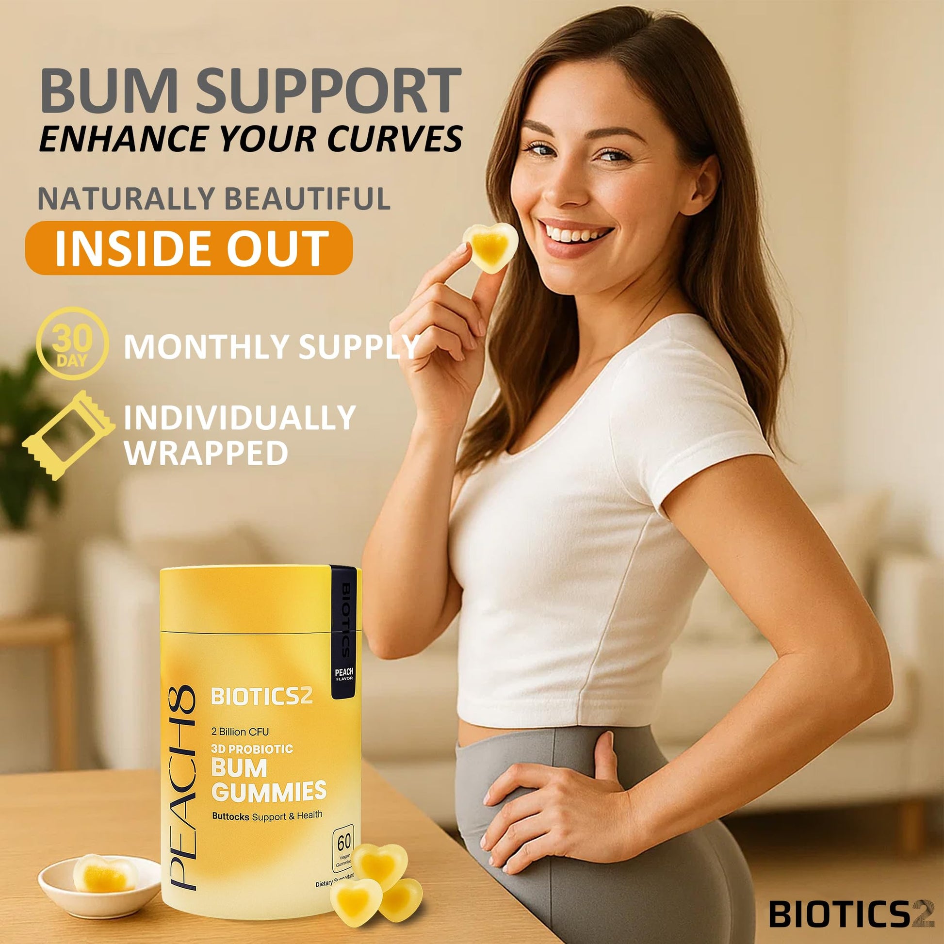 Peach8 Butt Support Women Probiotic Gummies - 60 SugarFree BBL Booty Vitamins C A Gummies, 2B Probiotics, Prebiotics, 4 Herbal Supplements Saw Palmetto, Black Maca, Motherwort for Bum Max Absorption - Medaid International