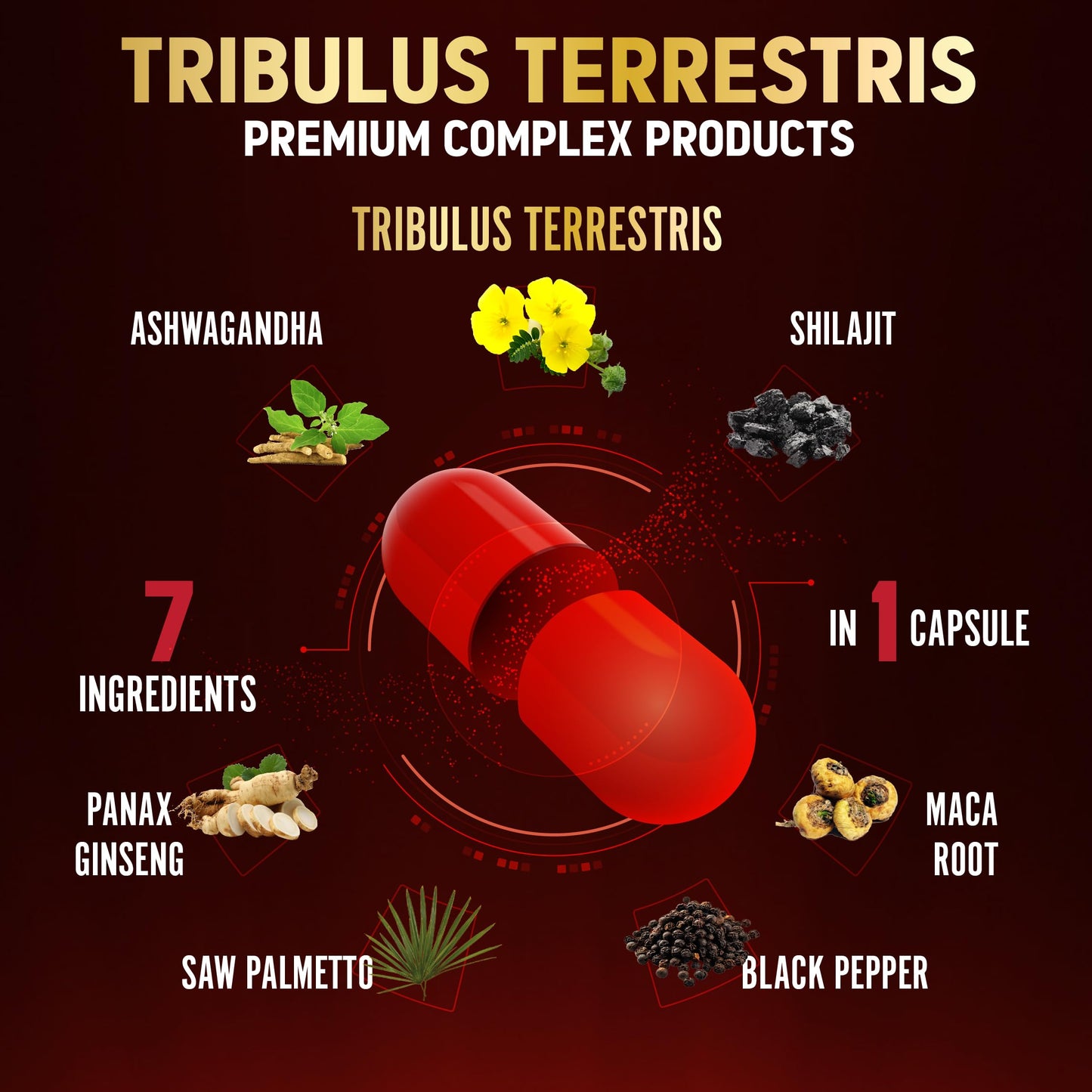 Tribulus Terrestris Capsules with Ashwagndha, Panax Ginseng, Saw Palmetto, Maca, Shilajit - 90 Capsules - 3 Months Supply - Medaid International