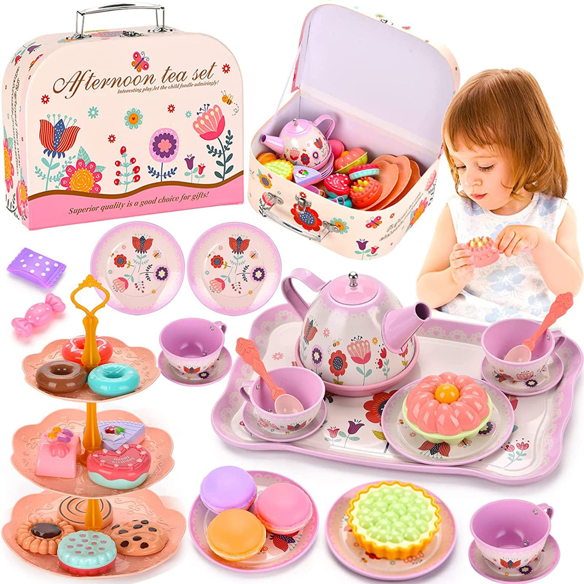 Unicorn Gifts Tea Party Set for Little Girls, Gift for Age 3 4 5 6 Year Old, Princess Tea Set Toys for Little Girls, Kids Kitchen Pretend Toy with Tin Tea Set (Unicorn Theme)