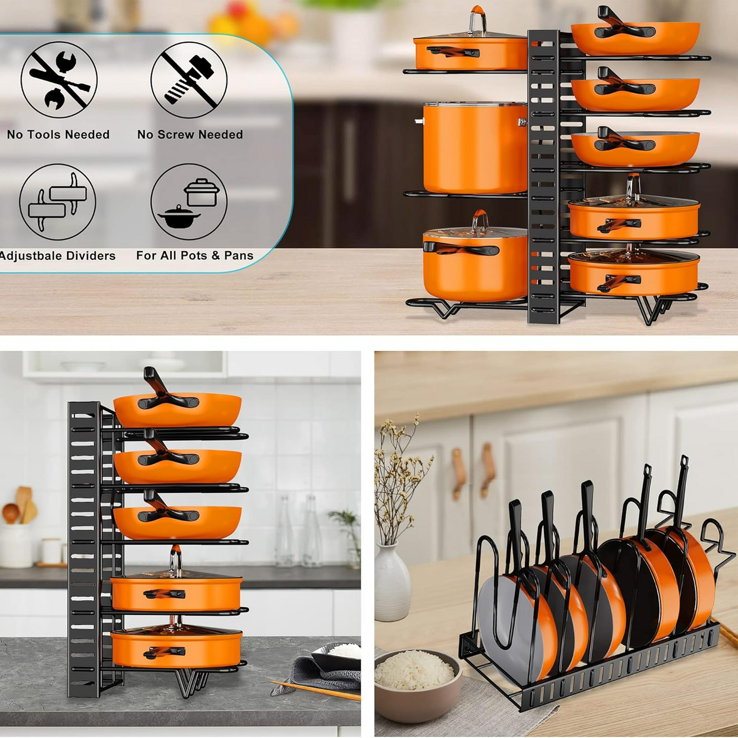 Pots and Pans Organizer Rack for Kitchen Storage Larger