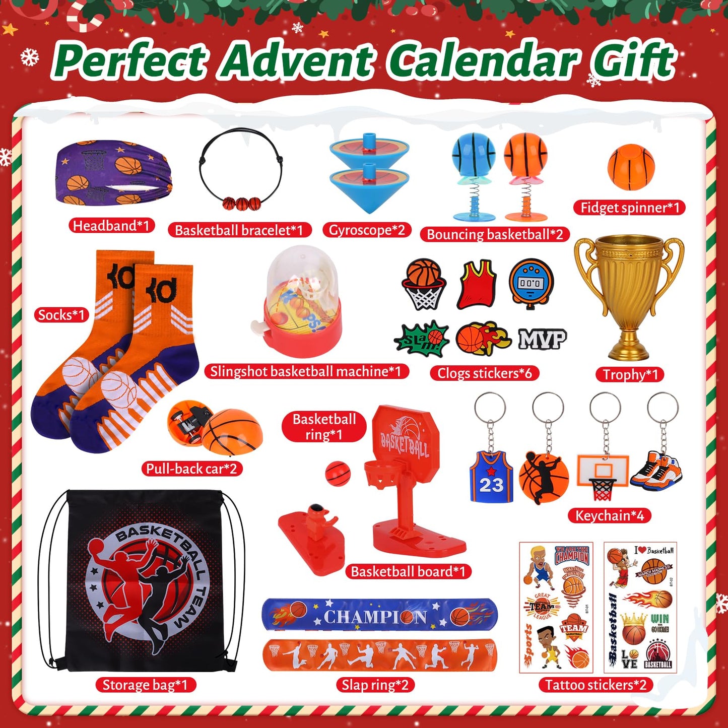 Basketball Golf Advent Calendar 2025 for Men Teen Boy, 24-Day Christmas Count-down Calendar Xmas Gifts with Socks, Accessories and Decorations for Kids Boys Teens Basketball Player - Medaid International