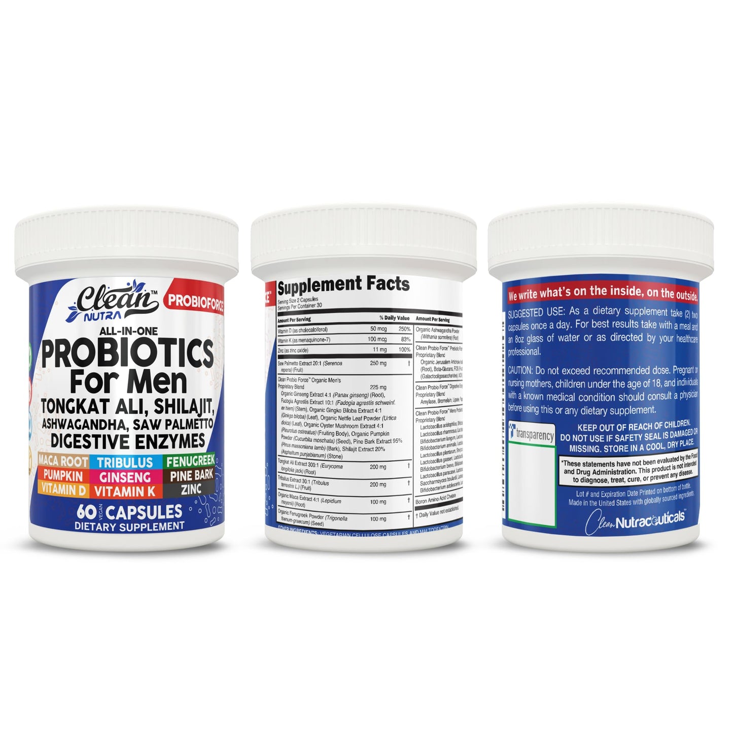 Clean Nutra Probiotics for Men | Tongkat Ali, Saw Palmetto, Tribulus, Ginseng, Ashwagandha, Maca, Pumpkin, Gingko Biloba, Pine Bark, Fenugreek, Shilajit, Zinc - Mens Probiotic 60 Capsules - Medaid International
