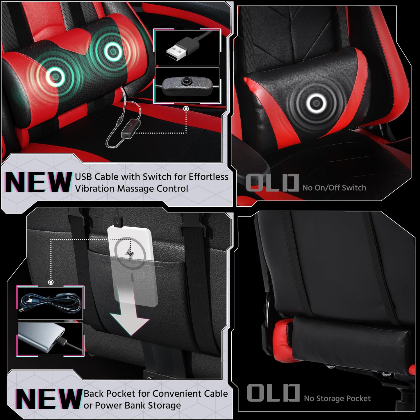 Yaheetech Gaming Chair, Video Game Chair with Massage Lumbar Support and Footrest Height Adjustable Ergonomic Computer Chair with Swivel Seat and Headrest, Black/Red - Medaid International