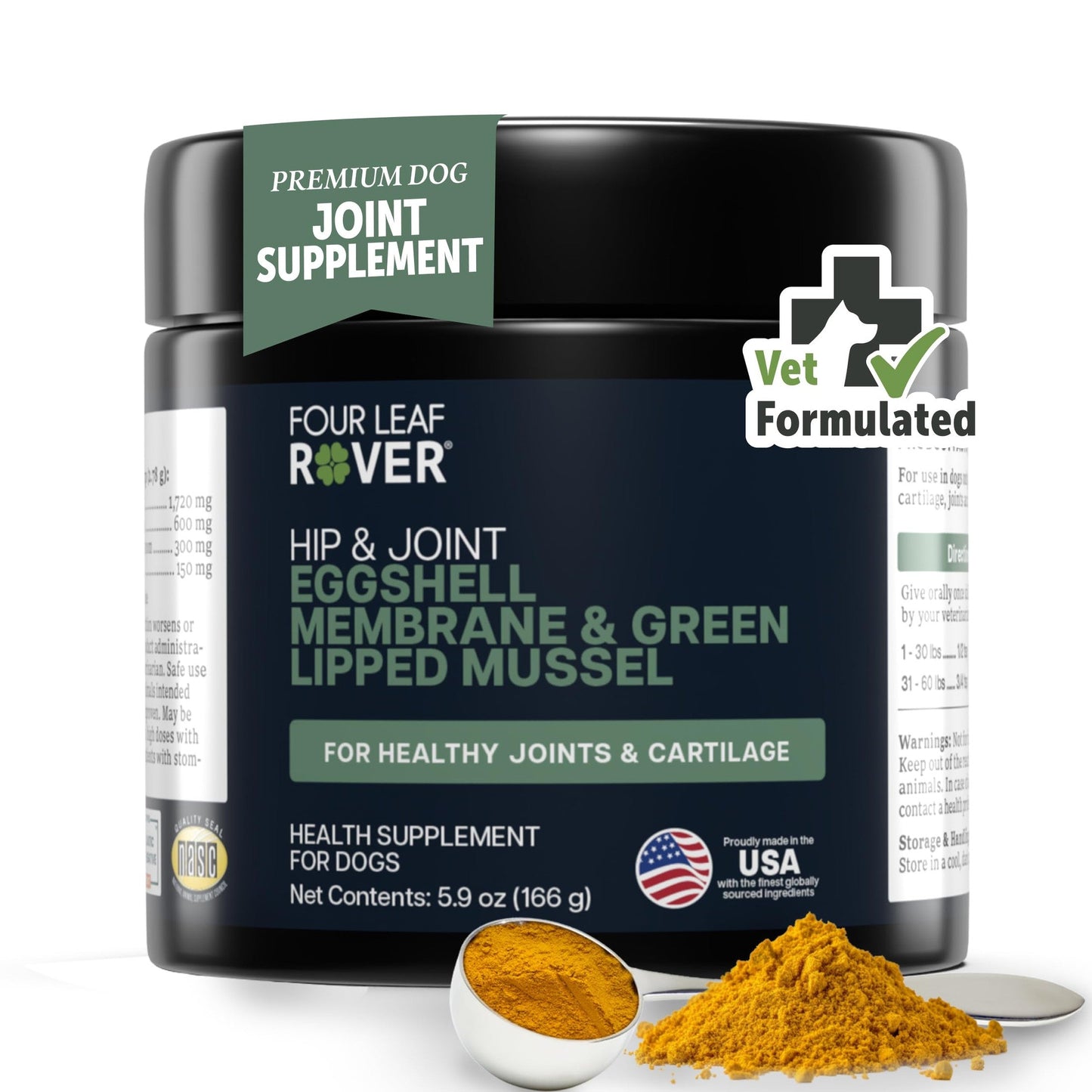 Four Leaf Rover Hip & Joint - Mobility & Joint Support with Glucosamine and Chondroitin for Dogs, 4.8 oz - 44 to 120 Day Supply, Depending on Dog’s Weight - Vet Formulated - Easy to Mix - Delicious