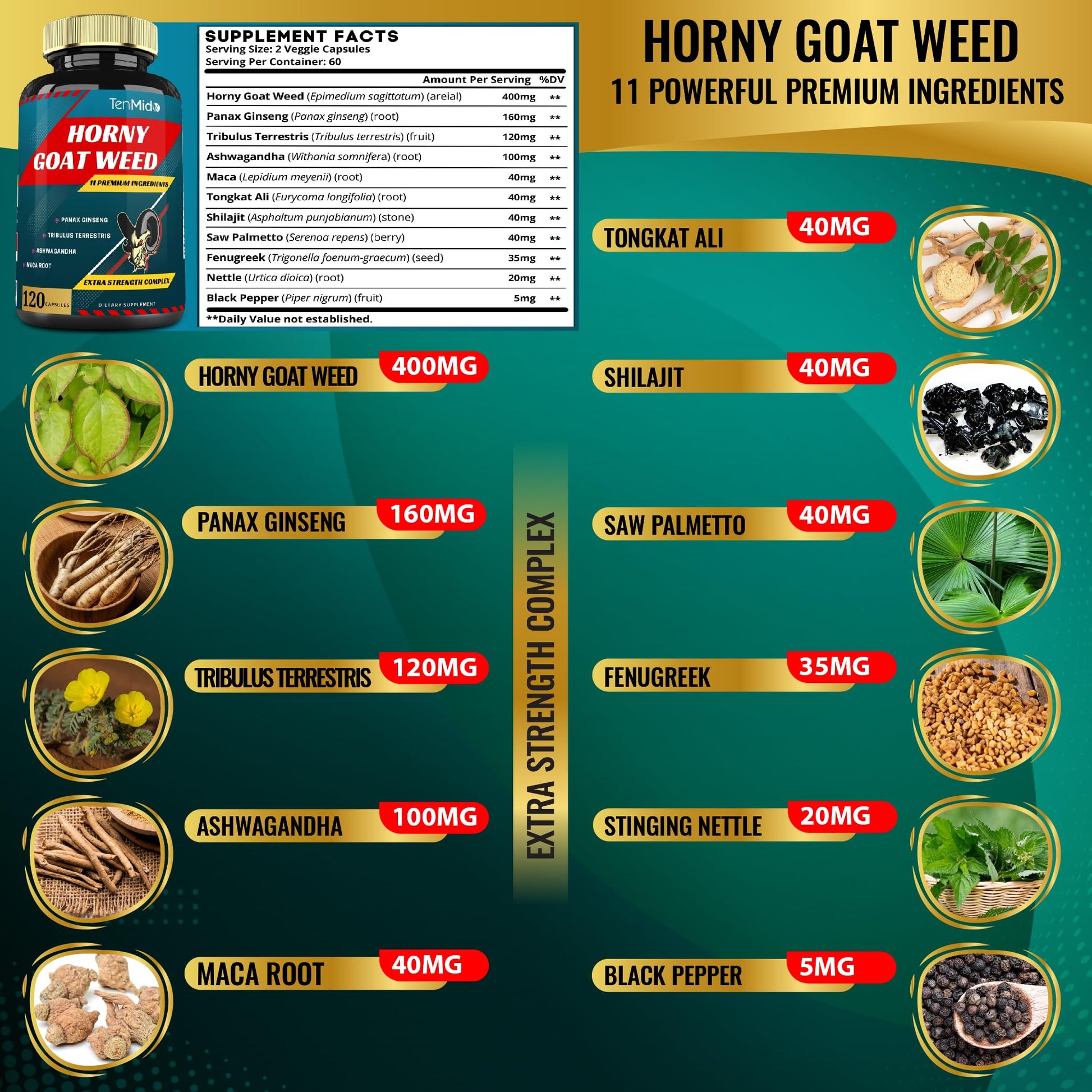 Tenmido Horny Goat Weed Extract Capsules 10000mg & Ginseng, Tribulus, Ashwagandha, Maca, Tongkat and More, 120caps - Medaid International