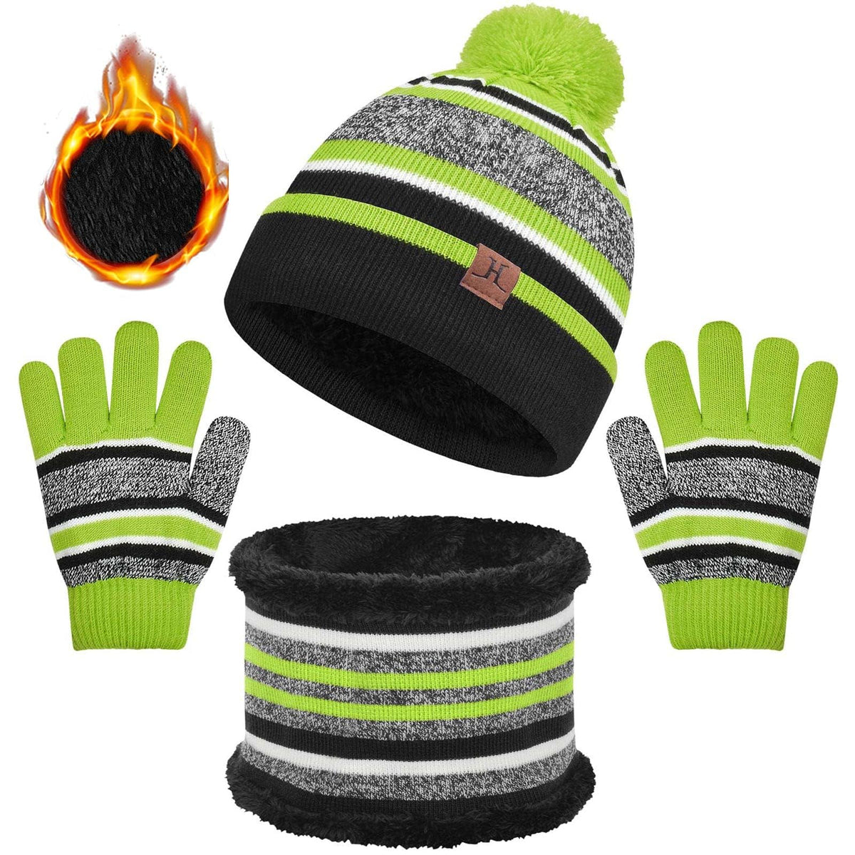 Kids Warm Beanie Hat Scarf Gloves Set 3 in 1 Thermal Knit Hat Scarf Gloves Set Winter Accessories Sets Snood Scarf Gloves Set with Double Layer Fleece Lining Boys Girls