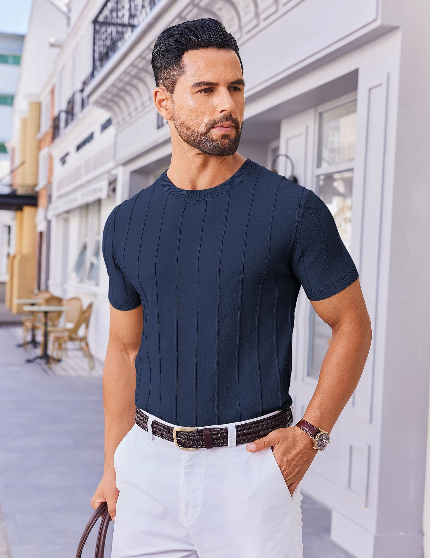 COOFANDY Mens Shirts Casual Short Sleeve Crewneck Sweater Knitted T Shirts Formal Summer Shirts Navy Blue - Medaid International