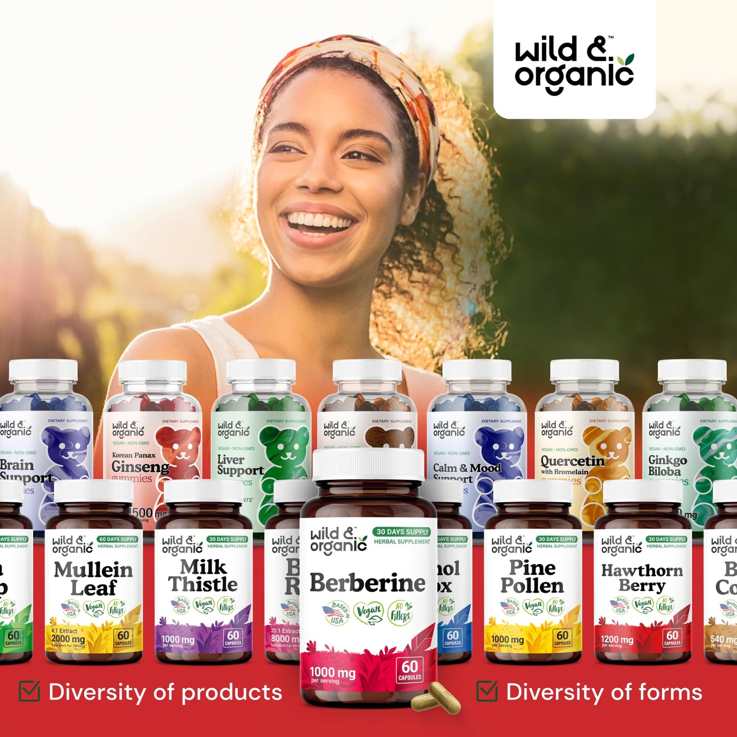 Wild & Organic Berberine Supplement Capsules 1000 mg - Antioxidant & Overall Support - Pure Berberine HCL Powder - Berberis Aristata Bark - Vegan, No Fillers, Non-GMO - 60 Count - Medaid International