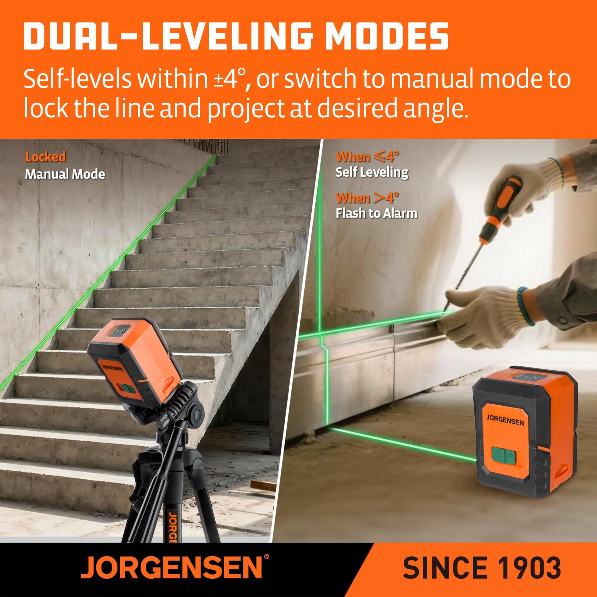 JORGENSEN Laser Level with Tripod, 100 FT Dual Modules Self Leveling Cross Line Laser Leveler Tool with 360° Magnetic Base, Green Laser Level for Picture Hanging, Tile, Home Renovation, Indoor Project - Medaid International