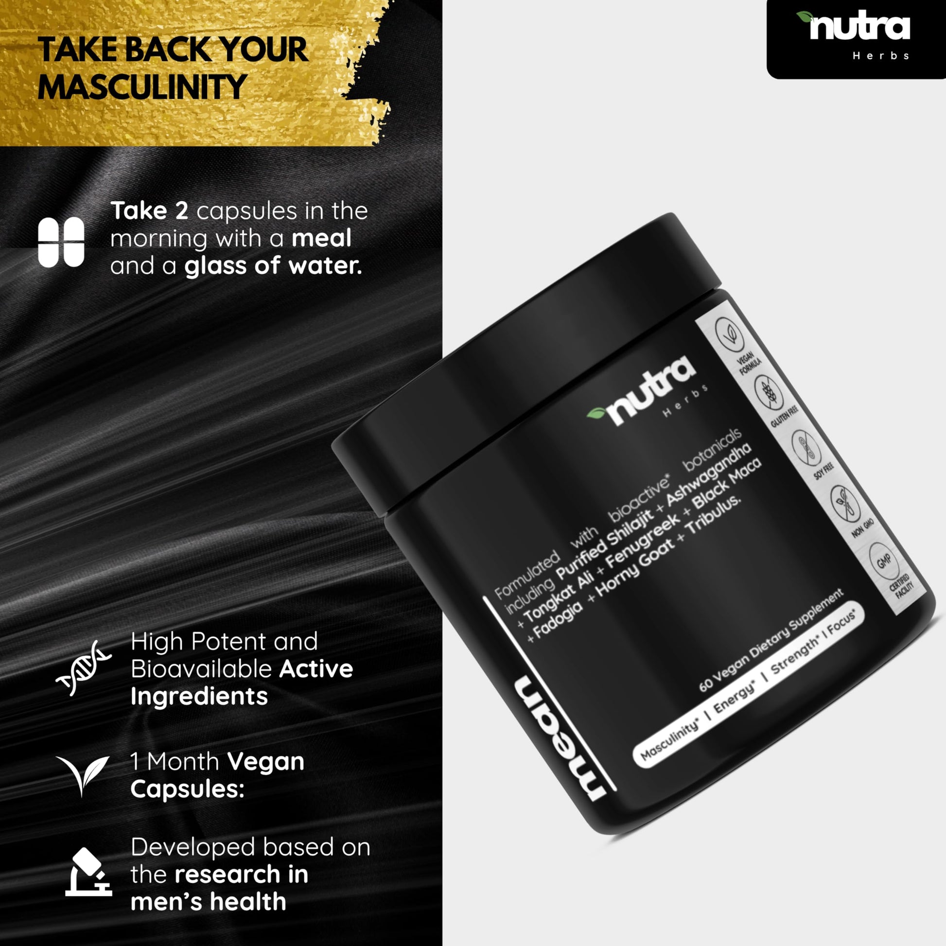 NutraHerds - Men’s Vitality & Testosterone Support | Tongkat Ali + Fadogia Agrestis + Ashwagandha + Shilajit & More | Energy • Stamina • Focus | 2 Capsule Daily | Vegan • Non-GMO • 3rd-Party Tested - Medaid International