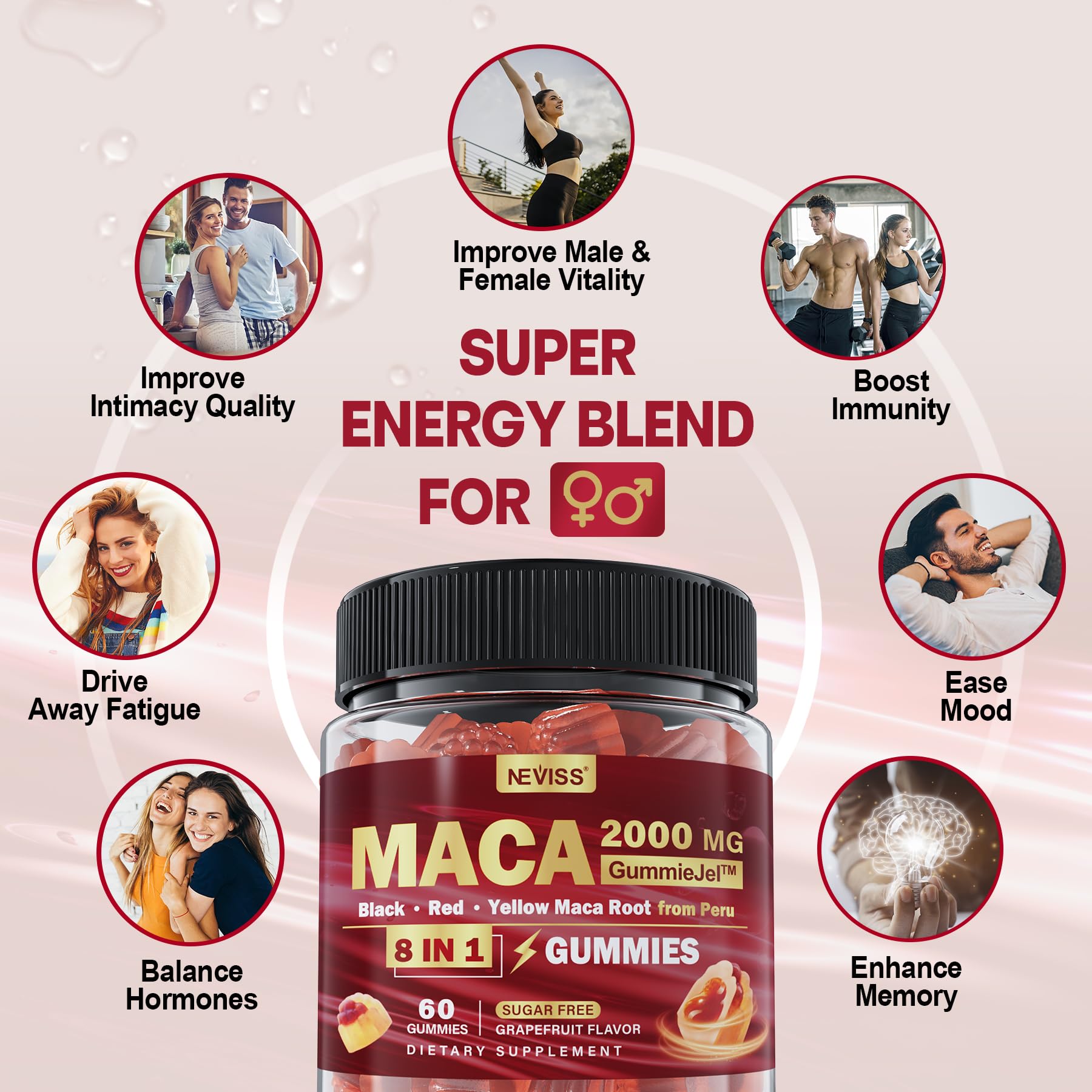 Maca Root Filled Gummies 2000mg for Women Men | Sugar Free | Organic Black, Red, Yellow Maca Root Supplement Gummy Chews with Ashwagandha Ginseng & Zinc | Vegan, Non-GMO, Grapefruit Flavor, 60 Count - Medaid International