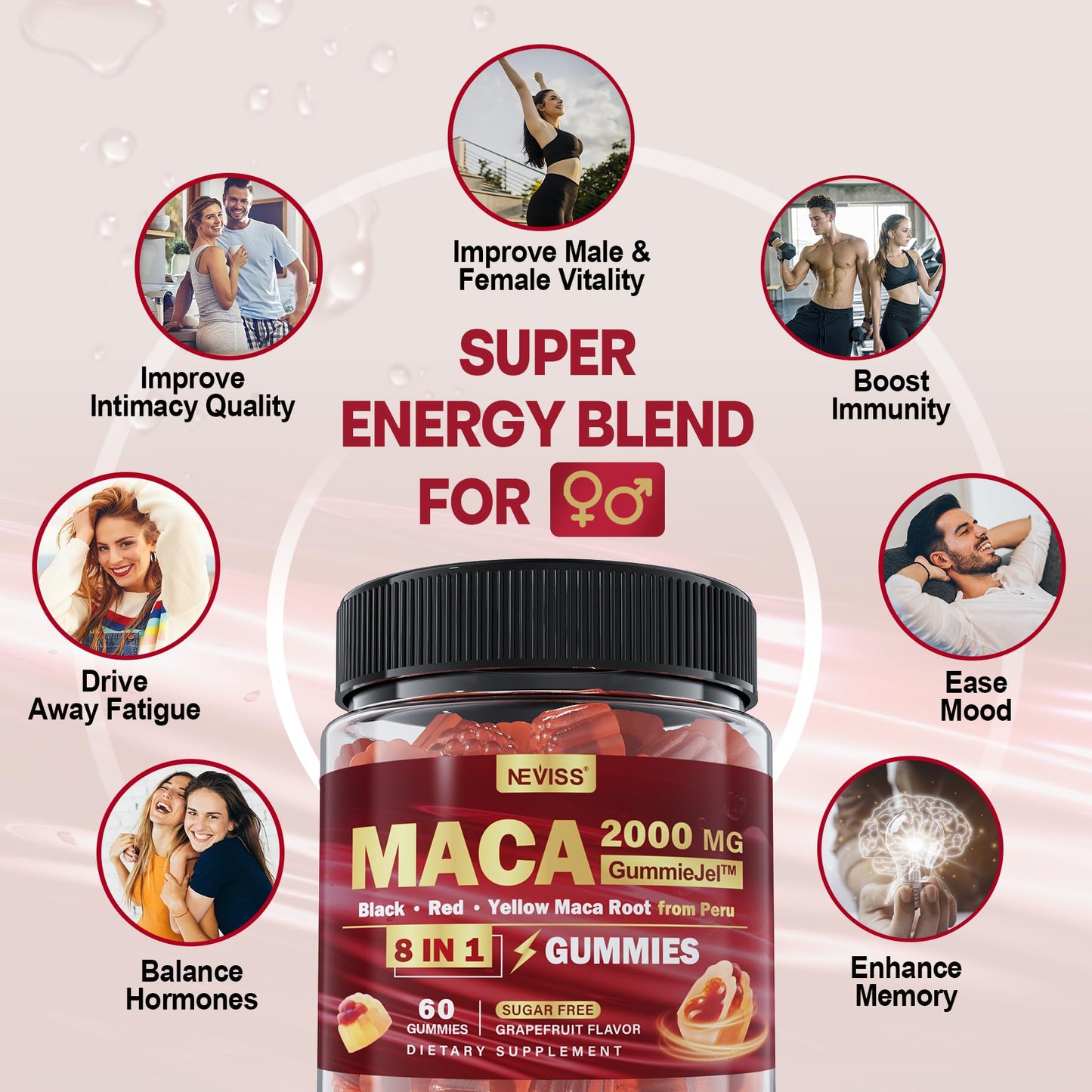 2 Pack Sugar Free Maca Root Gummies 2000mg with Ashwagandha, Tribulus Terrestris, Rhodiola, Panax Ginseng, L Arginine & L Tyrosine - Organic Black Red Yellow Maca Root for Women Men Energy Support - Medaid International