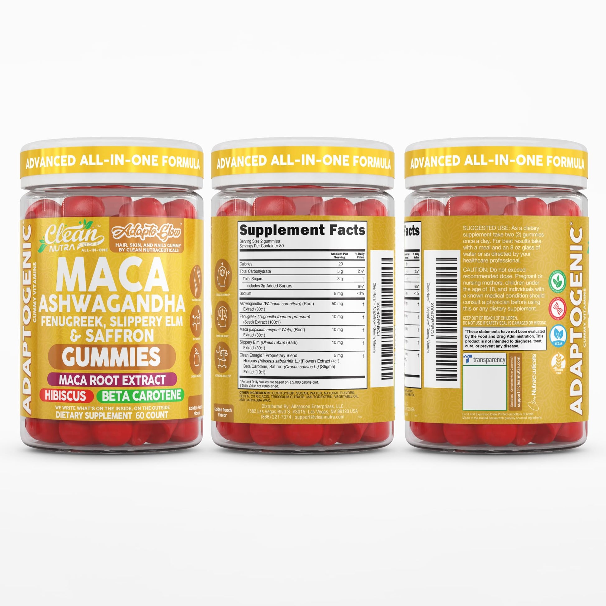 Clean Nutra Maca Root Gummies Ashwagandha Fenugreek Slippery Elm Saffron Hibiscus Beta Carotene Vitamin A for Women Macaroot Extract 60 Gummies Vegan Adaptogen Supplement Gummy Non GMO - Medaid International