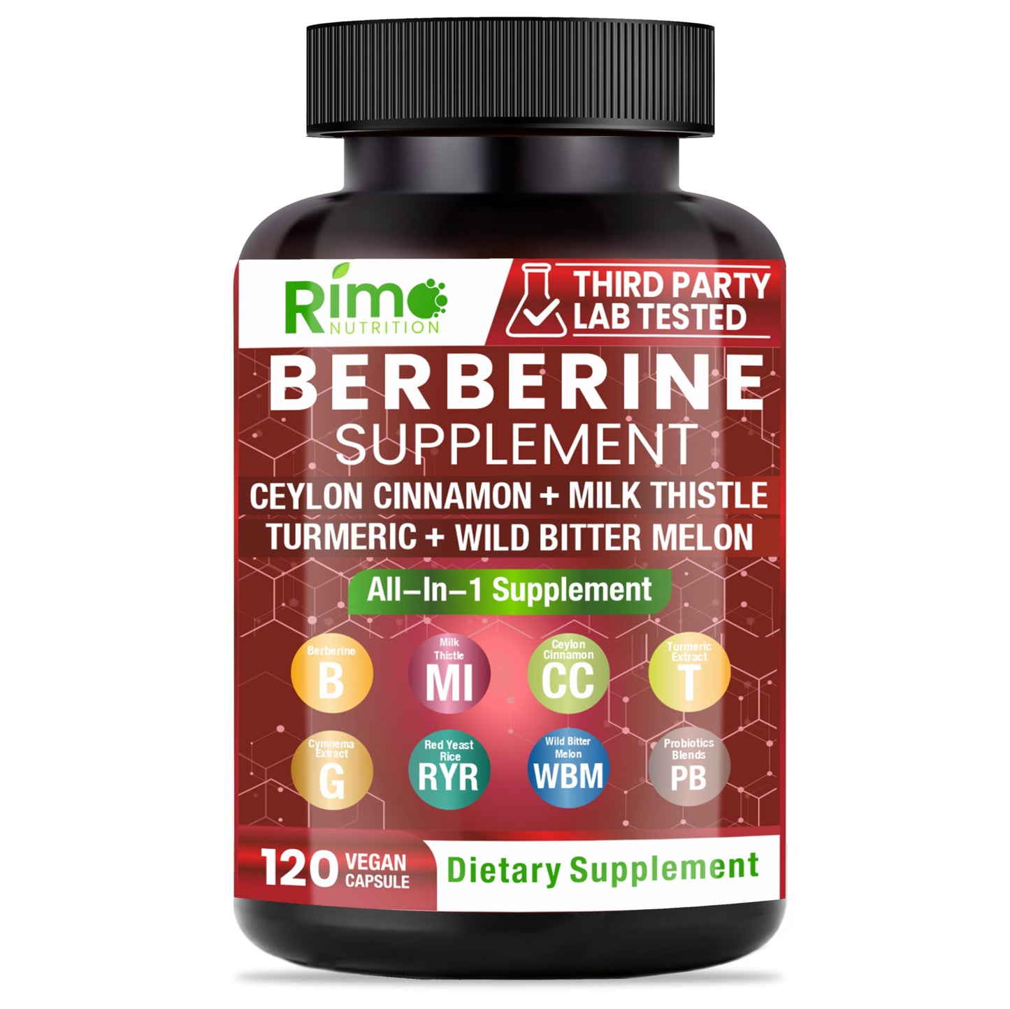 Rimo Nutrition - Berberine with Ceylon Cinnamon - Berberine Supplement - Bitter Melon - Red Yeast Rice, 120 Capsules Non-GMO and Gluten Free - Medaid International