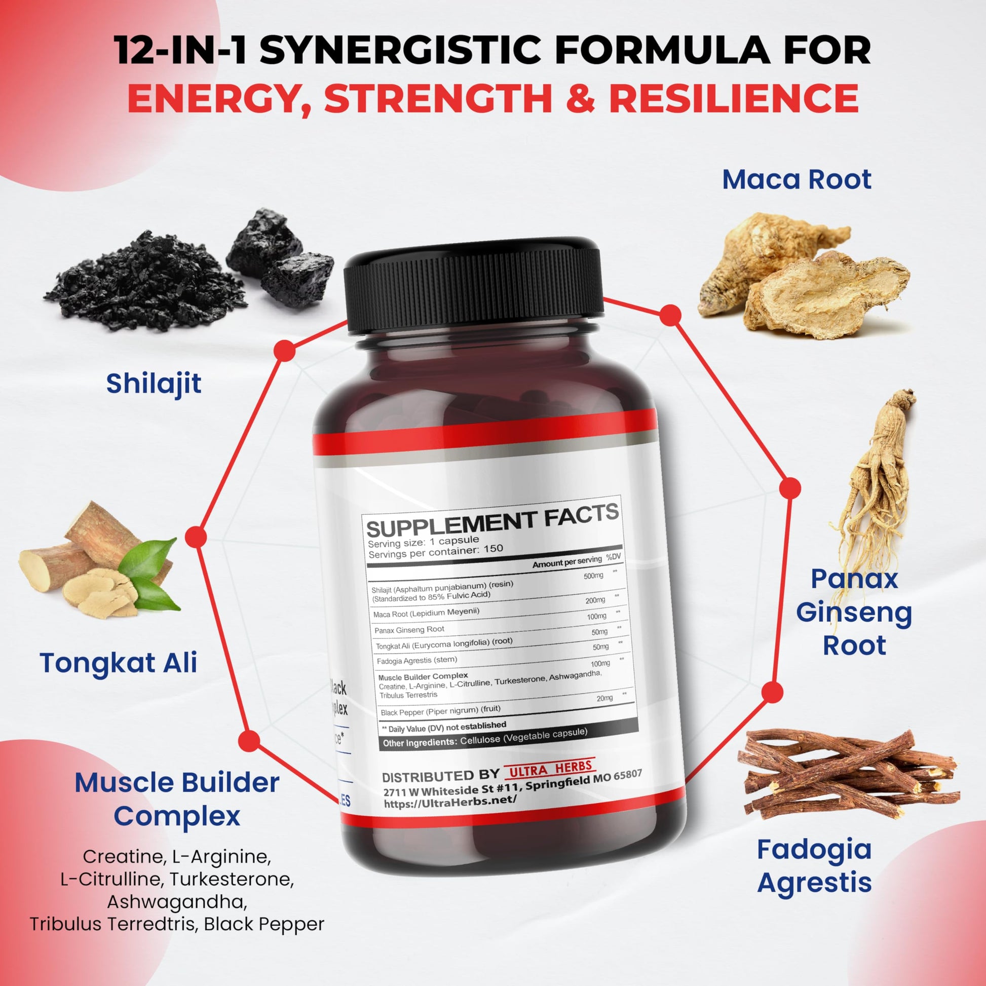 Shilajit Pure Himalayan - Energy Booster 85% Fulvic Acid, Maca Root, Panax Ginseng, Tongkat Ali, Fadogia Agrestis - Metabolism & Immunity Support - 150 Capsules - Medaid International