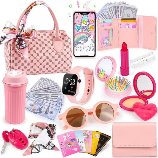 32PCS Toddler Purse with Pretend Makeup for Kids, Play Purse for Little Girls, Princess Toys Includes Handbag, Phone, Wristwatch, Silk Scarf Kids Toy Purse Birthday Gift for Girls 3 4 5 6 +
