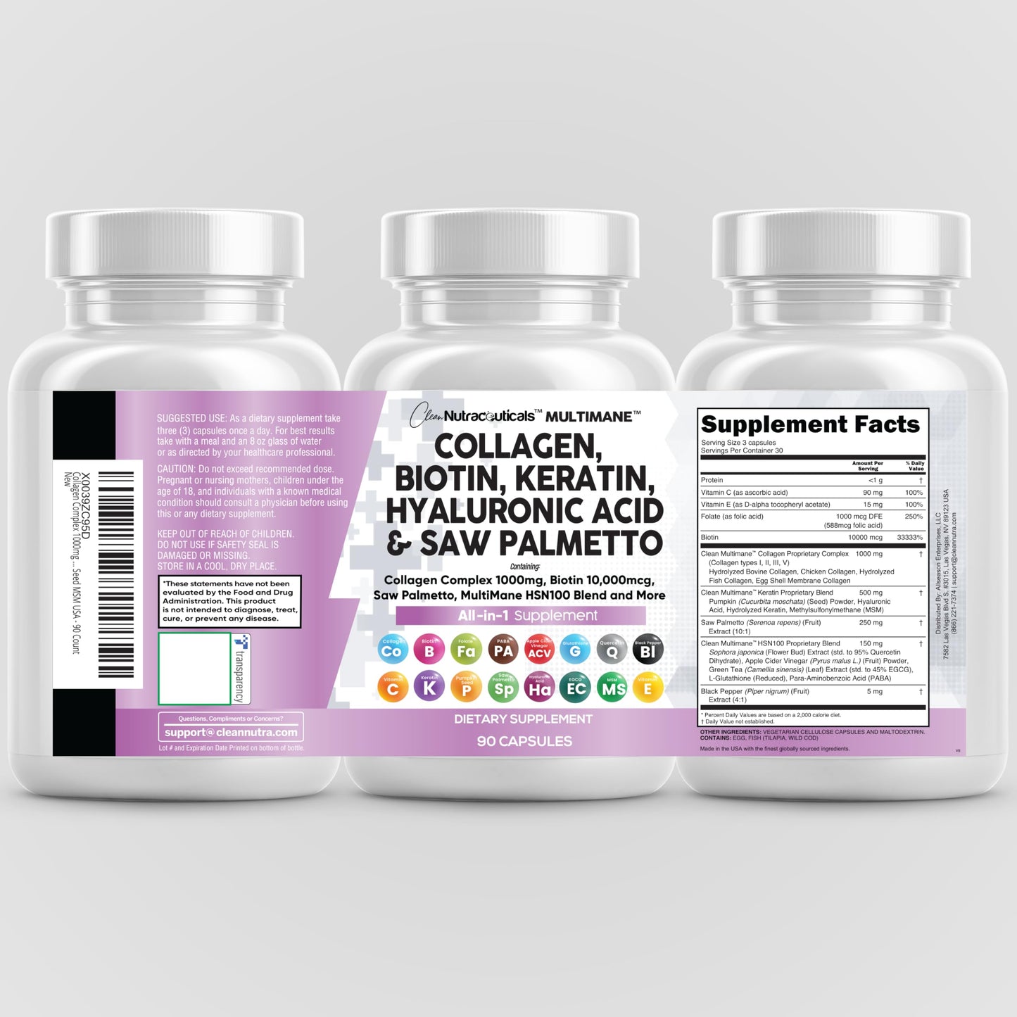 Clean Nutraceuticals Collagen Pills 1000mg Biotin 10000mcg Keratin Saw Palmetto Hyaluronic Acid - Hair Skin & Nails Vitamins & DHT Blocker with Vitamin E Folic Acid Pumpkin Seed MSM - 90 Count - Medaid International