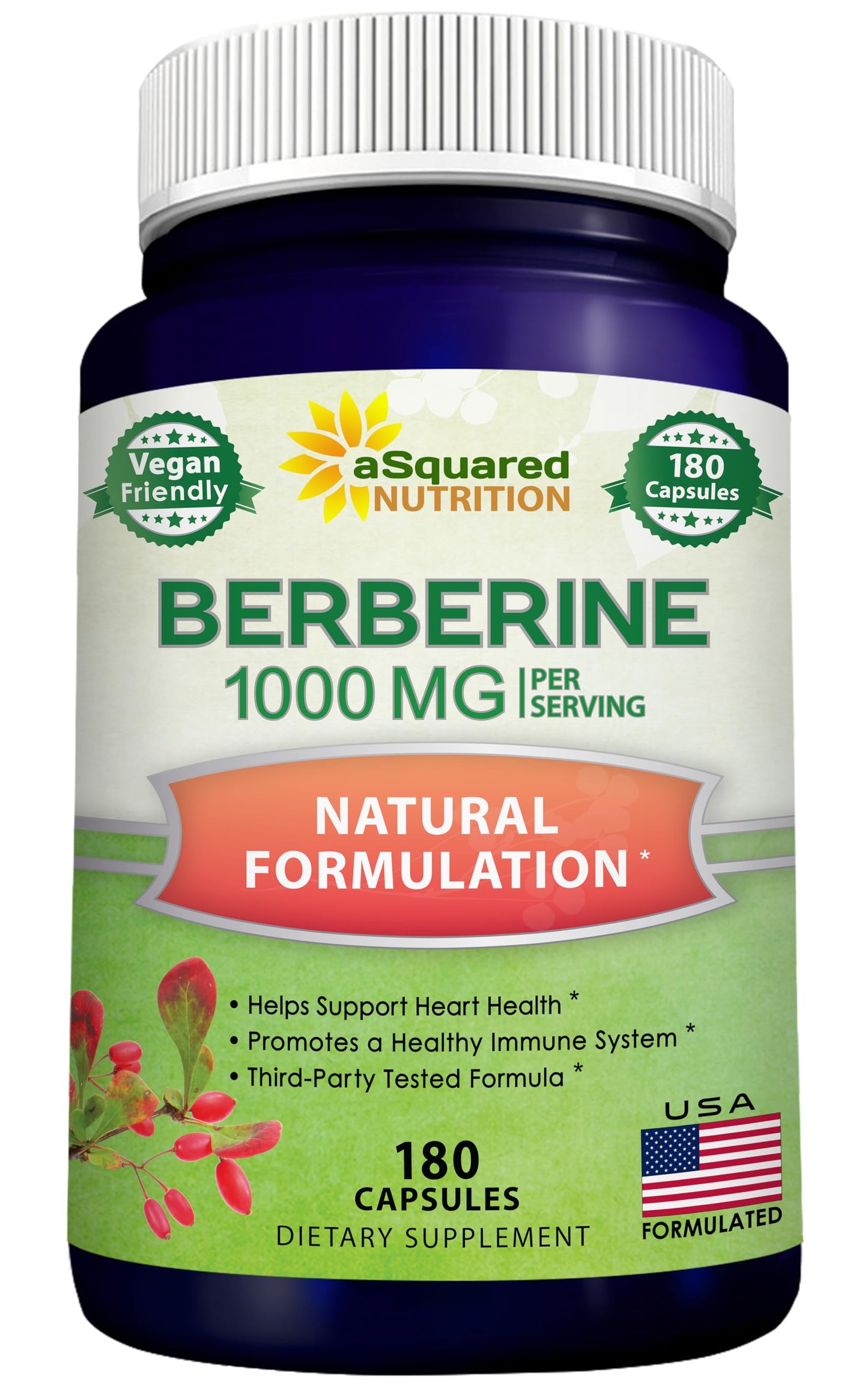 aSquared Nutrition Pure Berberine 1000mg Supplement - 180 Veggie Capsules, Natural Berberine Hydrochloride HCL Plus, Max Strength 1000 mg (2X 500mg), Potent Berberine Vegan Extract - Medaid International