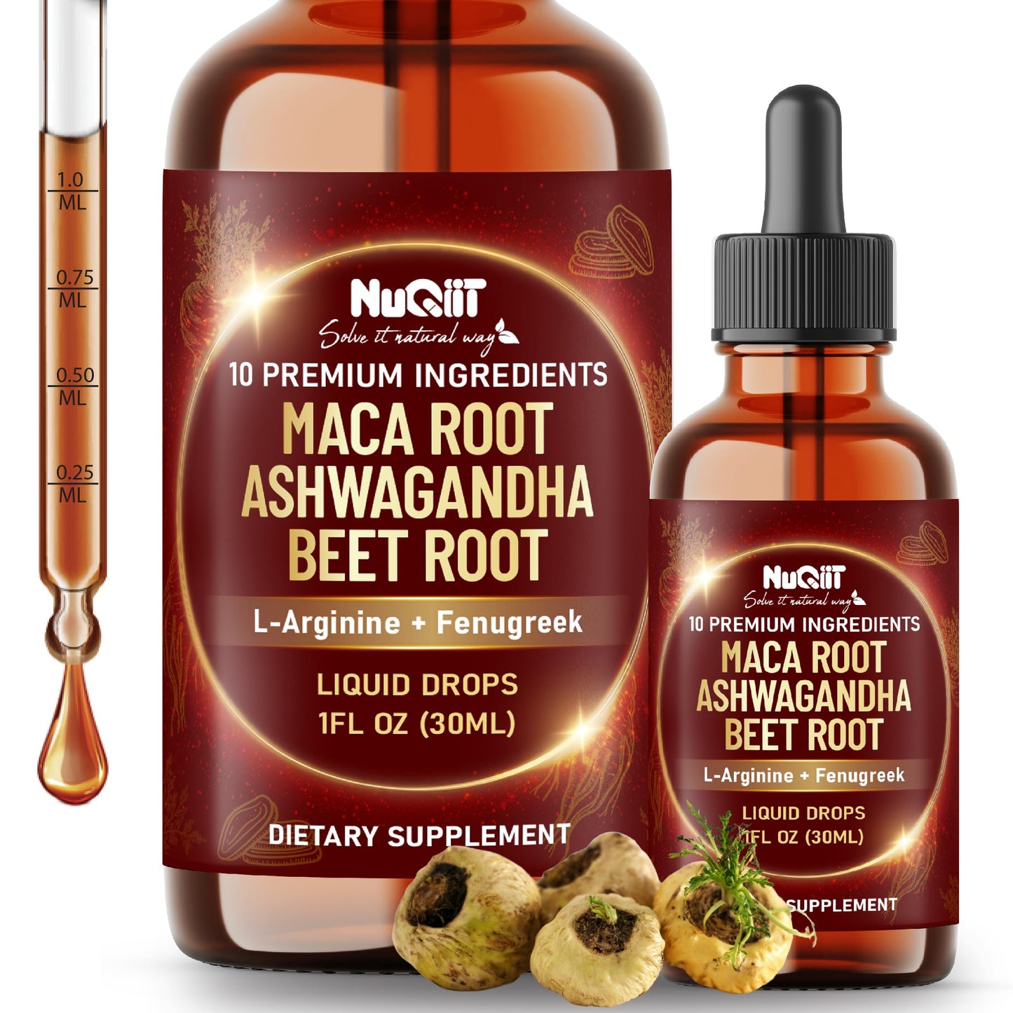 NUQIIT 10in1 Maca Root Liquid Drops with Ashwagandha, Fenugreek, Beet Root and L-Arginine Liquid for Women and Men - 1 FL Oz - 60 Day Supply - Medaid International