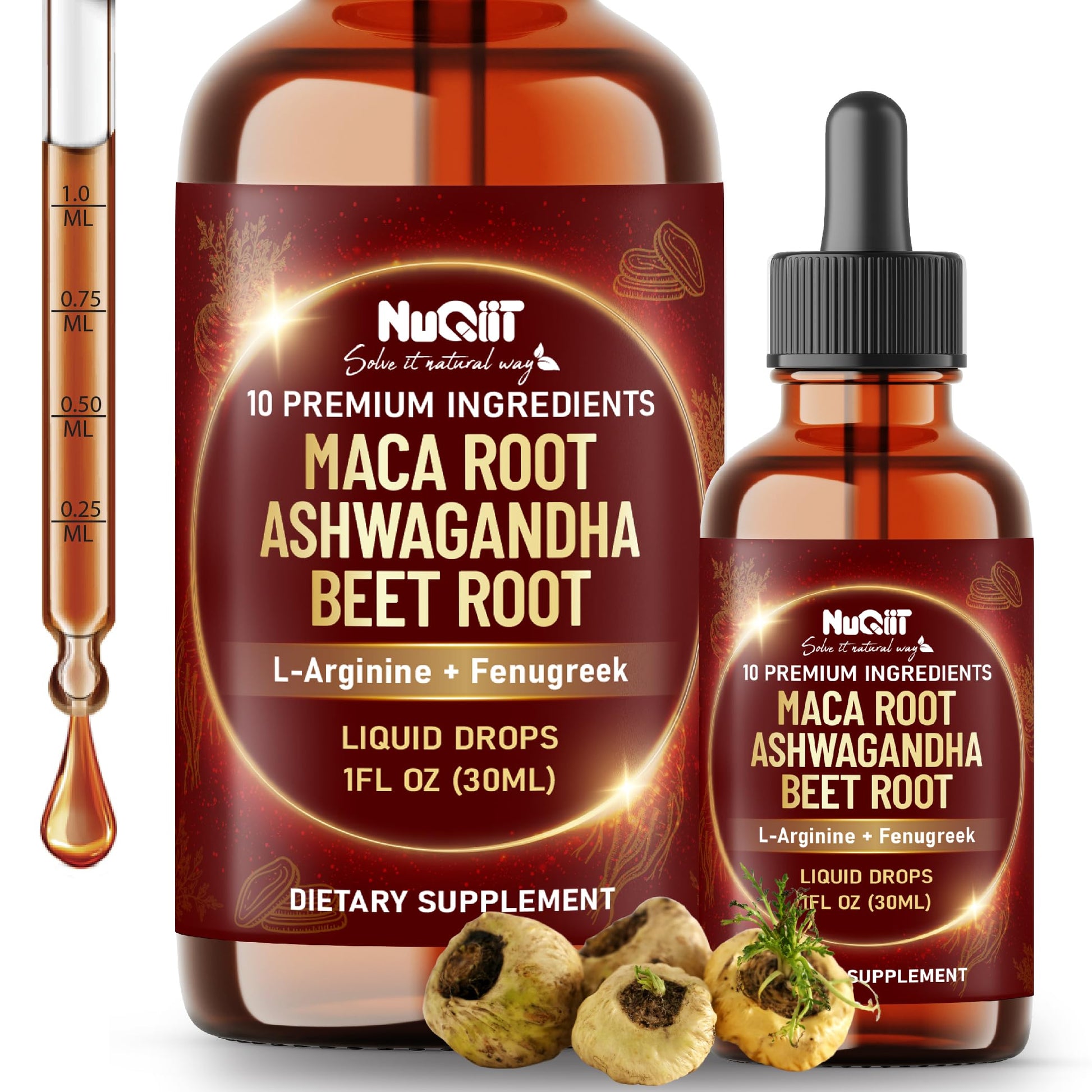 NUQIIT 10in1 Maca Root Liquid Drops with Ashwagandha, Fenugreek, Beet Root and L-Arginine Liquid for Women and Men - 1 FL Oz - 60 Day Supply - Medaid International