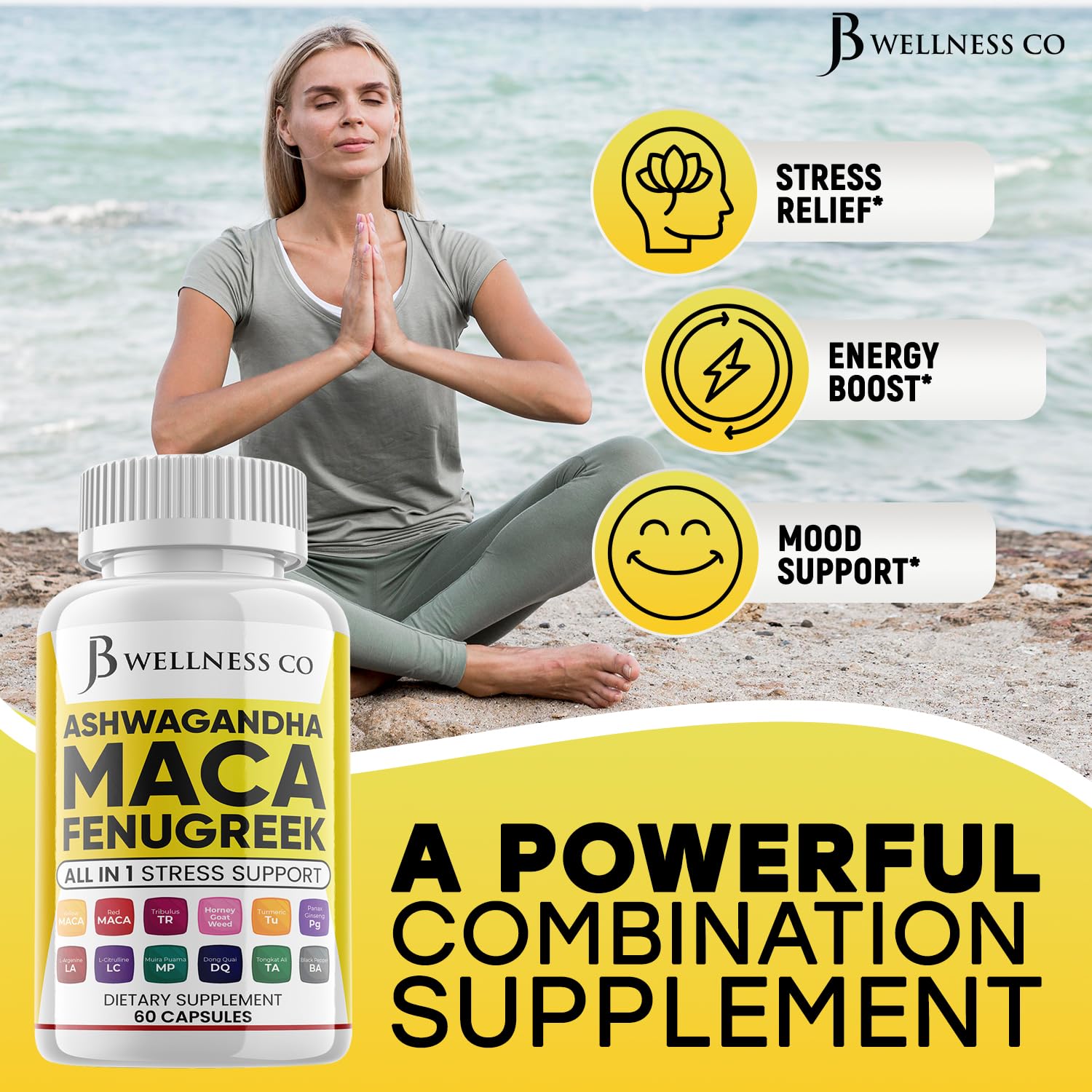 JB WELLNESS CO Ashwagandha Maca Root Fenugreek Supplement with Tongkat Ali Ginseng - Assists with Mood & Thyroid Health - Made in USA - 120 Count - Medaid International
