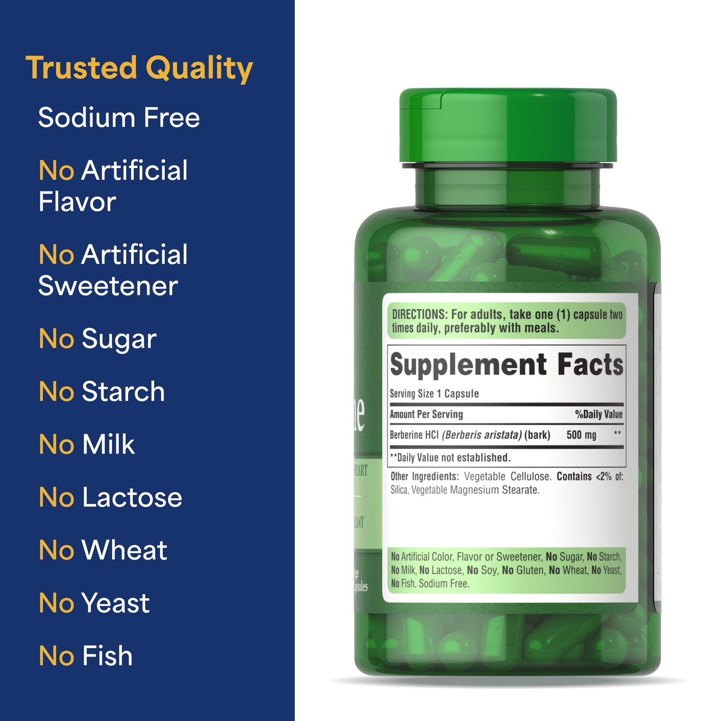 Puritan's Pride Berberine 500 mg, Dietary Supplement Support for Heart Health, Weight Loss, Support Blood Sugar and Cholesterol, 1 Month Supply, 60 Capsules - Medaid International