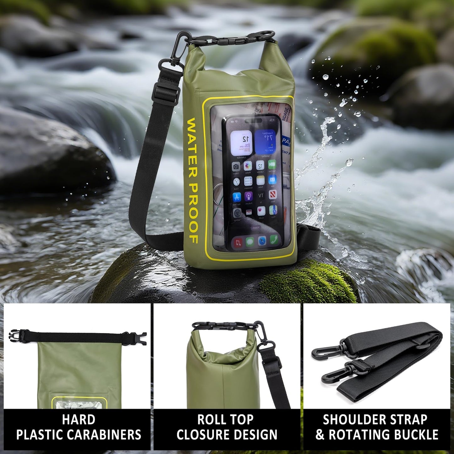 GPUSFAK 154 Pieces Waterproof Boat First Aid Kit Dry Bag with Cell Phone Bug Out Bags Pouch Roll Top Boat Emergency Kit 2-in-1 for Camping Fishing Kayaking Swimming Rafting ArmyGreen