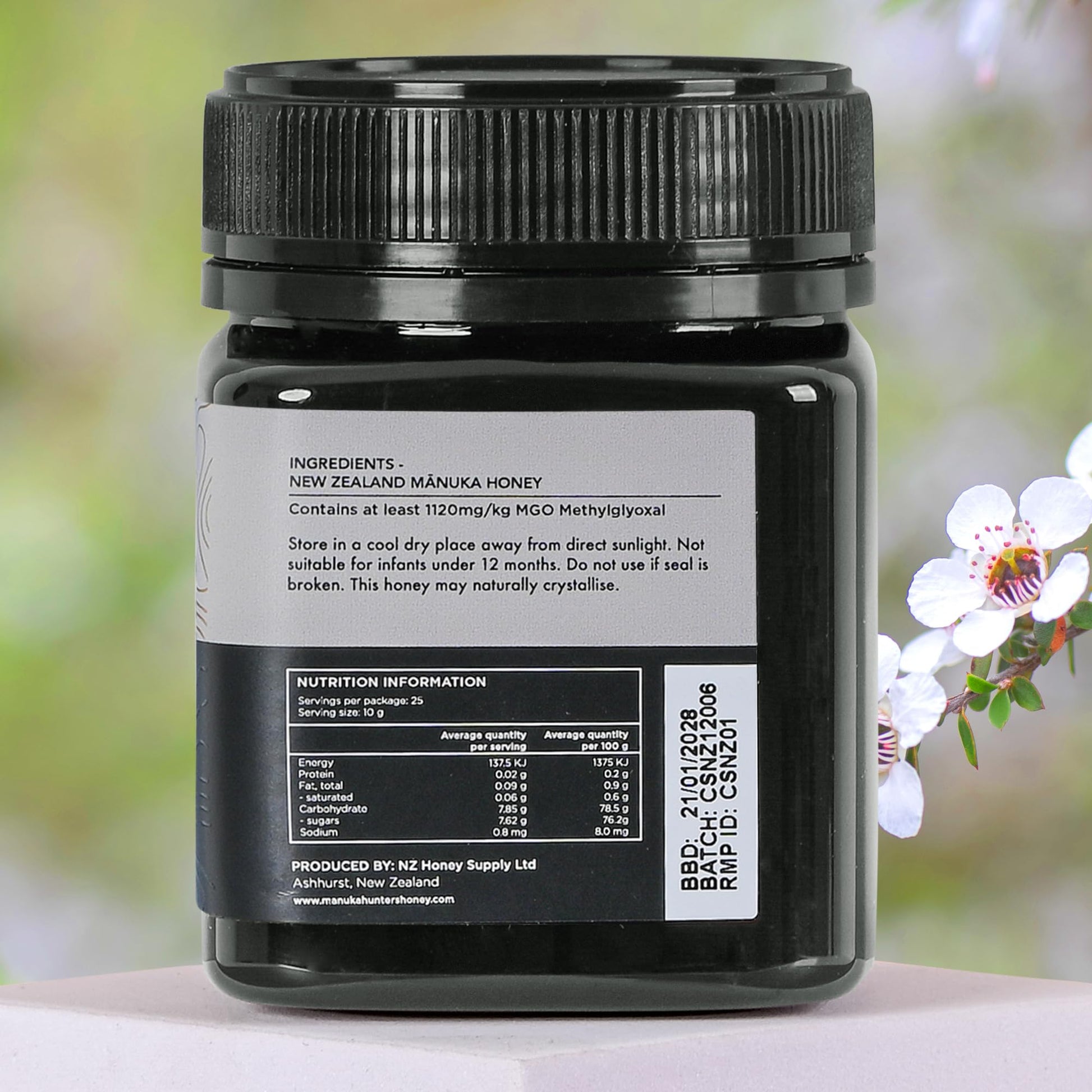 Manuka Hunters UMF 24+/MGO 1120+ Certified New Zealand Manuka Honey - 100% Pure Natural Sweetener - Gluten, Dairy Free - Ideal for Tea, Coffee, Smoothies, and Baking - Sustainable - 8.8oz/250g Jar - Medaid International