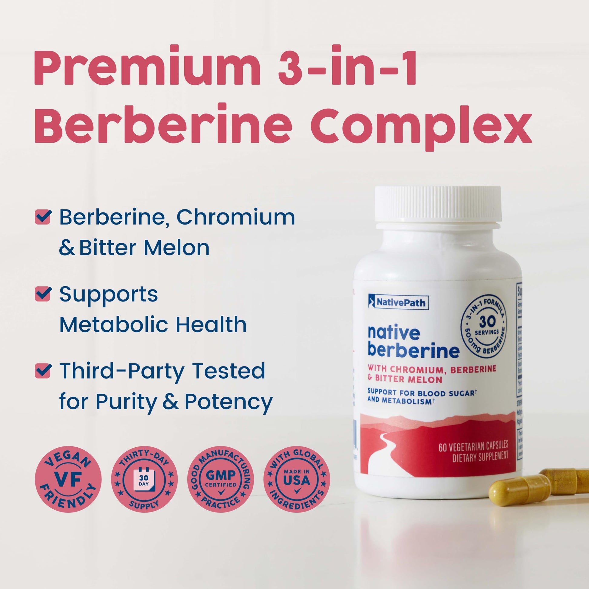 NativePath Native Berberine HCl 3-in-1 Complex with Chromium & Bitter Melon Extract - 500mg Premium Metabolic Support - 60 Capsules - Medaid International