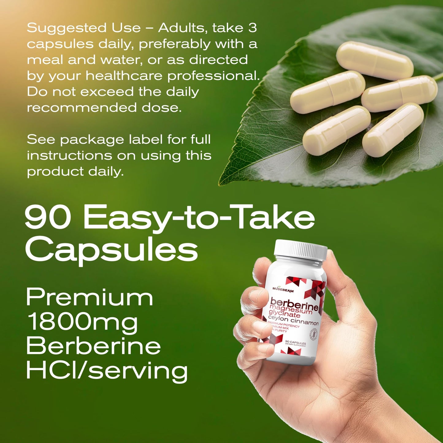MuseBeam Berberine HCL Magnesium Glycinate Supplement - 1800mg High Purity Capsules with Ceylon Cinnamon - Vegan Friendly Non-GMO Gluten-Free Sugar Free Pill for Men Women - Medaid International