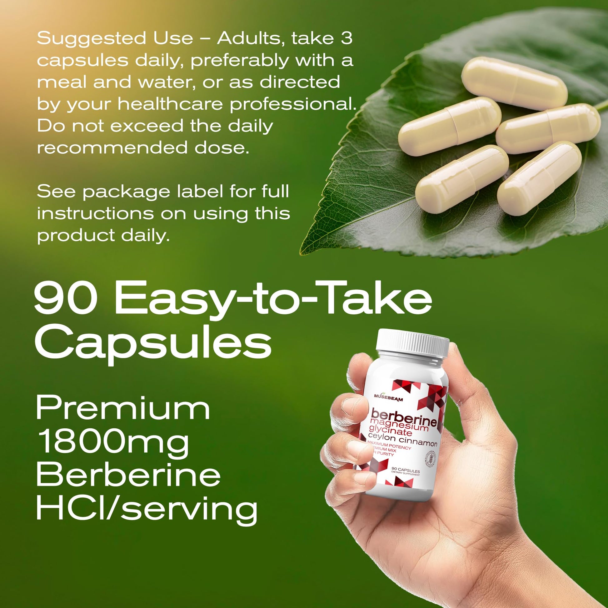 MuseBeam Berberine HCL Magnesium Glycinate Supplement - 1800mg High Purity Capsules with Ceylon Cinnamon - Vegan Friendly Non-GMO Gluten-Free Sugar Free Pill for Men Women - Medaid International