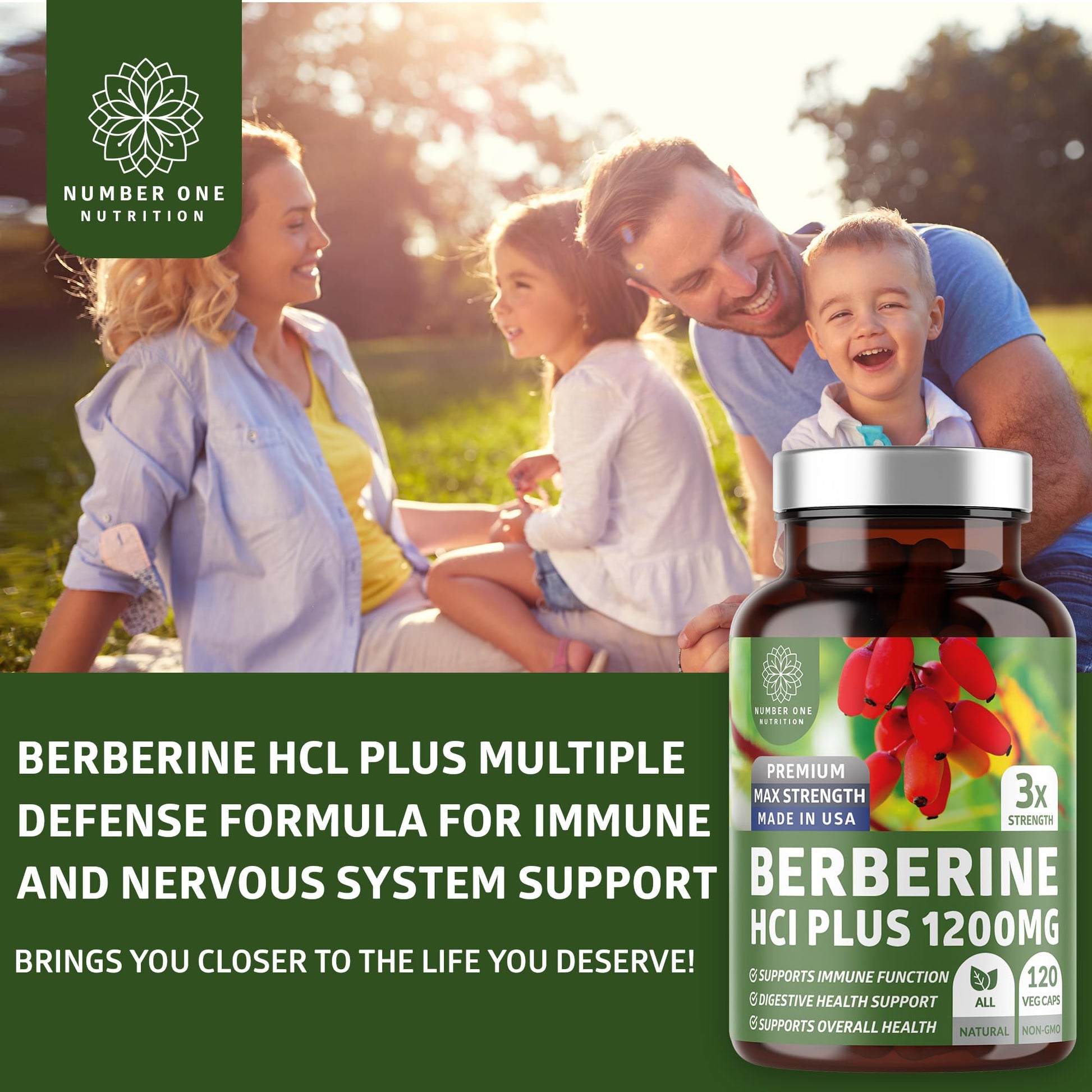 Number One Nutrition N1N Premium Berberine Plus 120 Caps, 1200mg, Natural Supplement Supports Anti-Aging, Cellular Health, Energy and Digestion - Medaid International