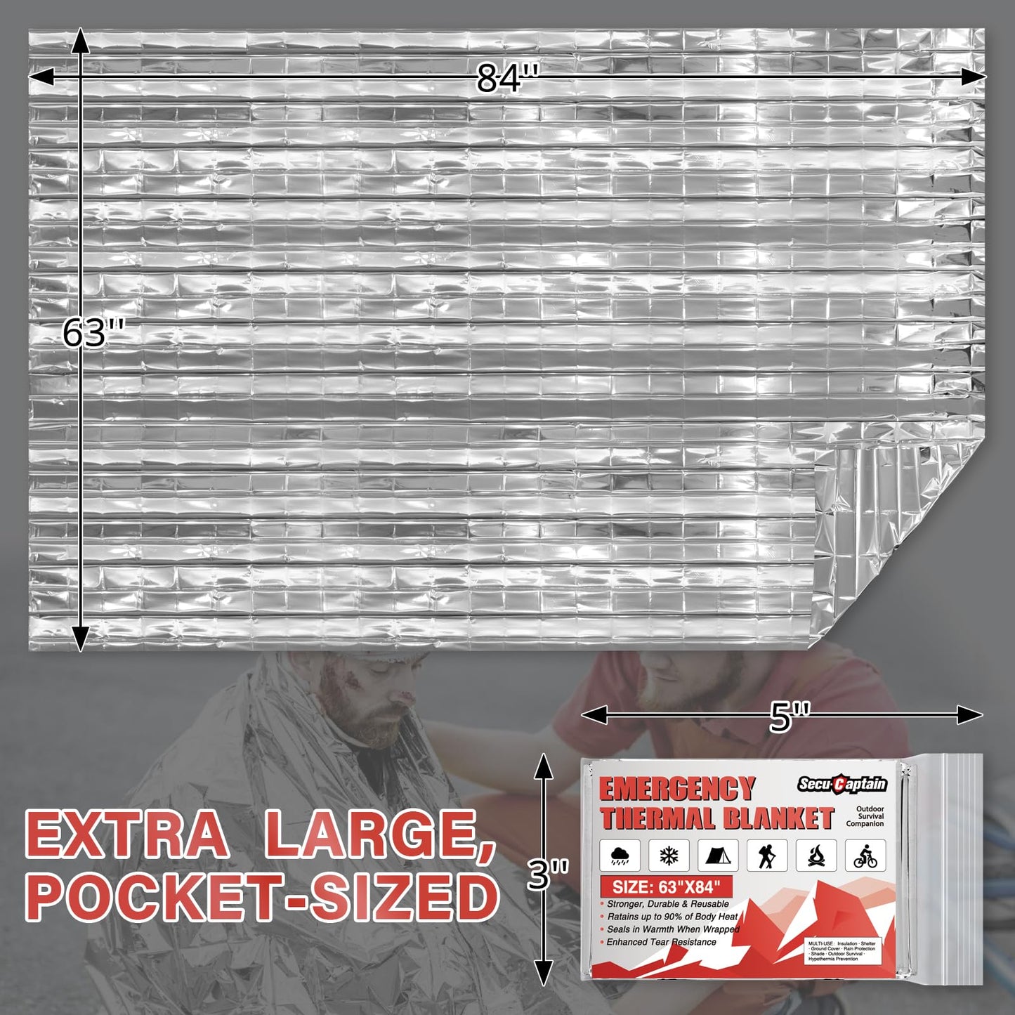 SecuCaptain Survival Emergency Thermal Blankets: Extra Large 84” x63” Space Mylar Blanket Kit for Outdoor Cold Winter Camping Hiking Car Bug Out Bag or First Aid - 4 Pack